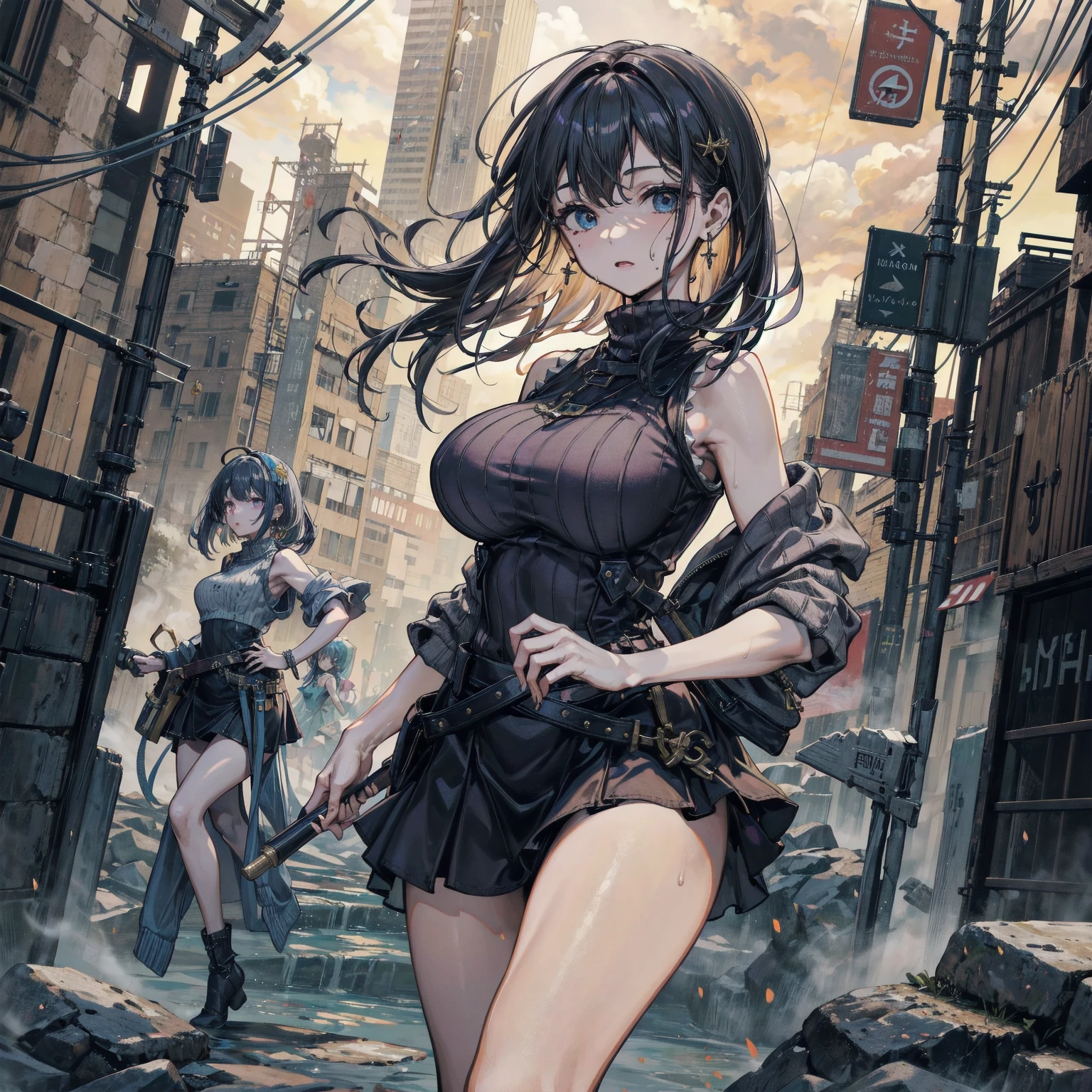 Composition seen from below　((Adult woman in a suit))　pants　(blue sky)　((Cumulonimbus))　masterpiece　　Anime Style　Delicate painting　4K　the 90s　Giant　crowd　 ((battlefield))　　((destroyed metropolis))　((Collapsed building))　((Remains))　((Rubble pile))　((fire))　((cigarette))　crowd　crowd　((((A girl in a Giant swimsuit walking through the city valley)))　　白いshoes下　clock　Black Hair　　smile　　female Giant Giant girl Whole body 　 crowdアンリアルエンジン,Cleavage ,Picture , Earrings, Long Hair,cute picture　beauty　Analog Style　whole body　shoes