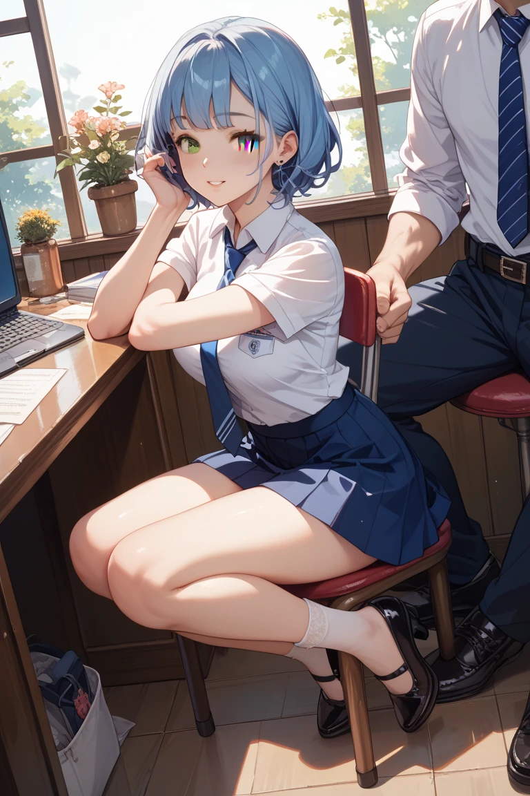Young girl with blue hair,short straight hair and short bangs (purple eyes),, ((small bushy eyebrows)), wearing gothic lolita clothing, lolicon , large breast, breasts out of blouse, walking to school, bored look, bored face, , suddenly having sex in public, ((doggy style sex)), ((public sex in a restaurant)) naked ass in the male crotch, perfect anatomy, young boy fucking her