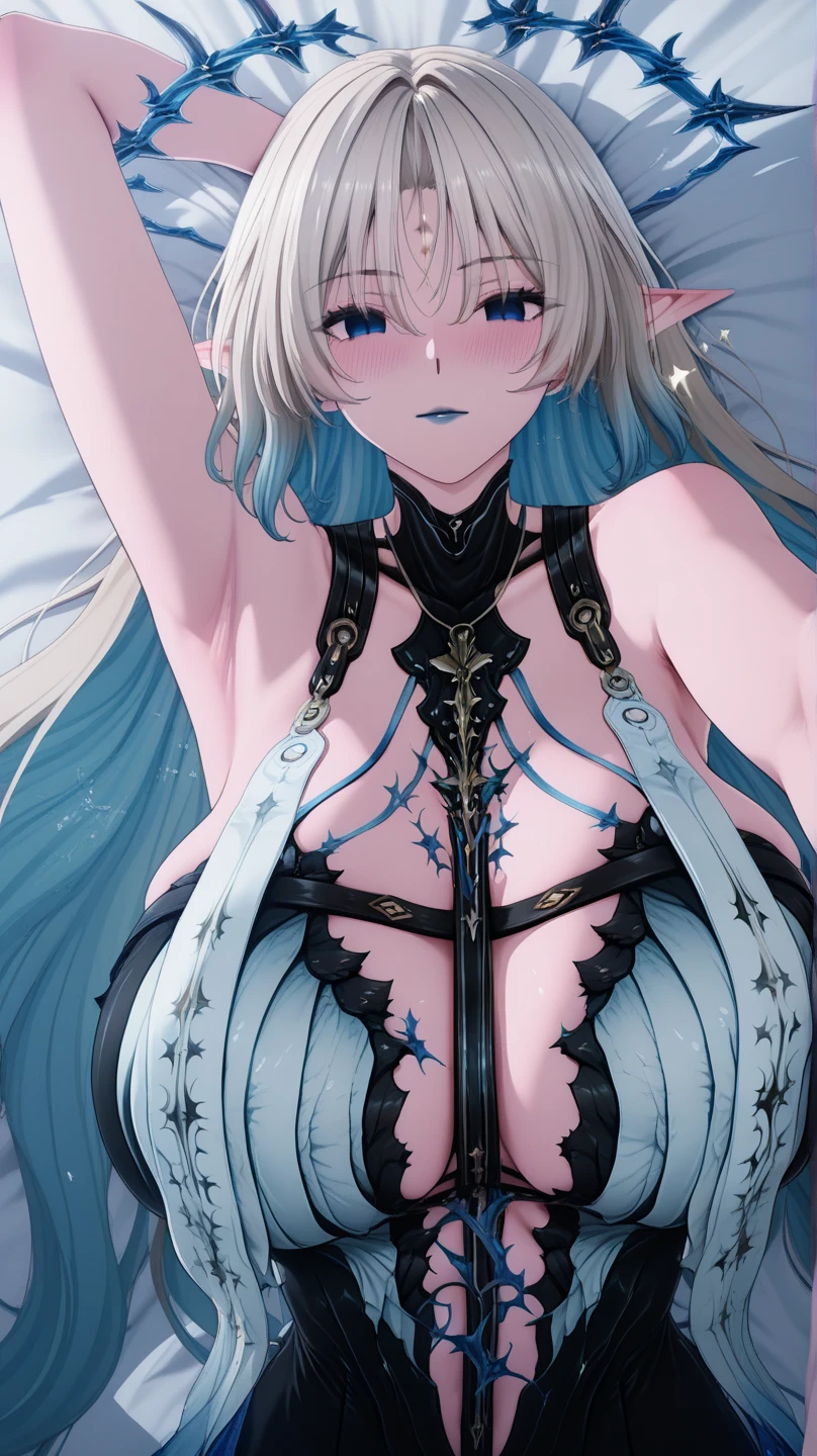 [Black:Blue:0.65] motif，Masterpieces，A masterpiece of a mature woman，Detailed visual art，Blue eyes，Makeup，Gothic，Silver hair，Elf ears，hair，collarbone，Royal Queen，Elegance，Gorgeous quinceanera dress，Detailed layered skirt，[Detailed frills:0.1], [Frilled dress:0.1], embroidery, [Detail princess dress:0.1], Bare shoulders, Big tits:1.3, Open crotch, Thigh seams, groin, Long boots，[NSFW|uncensored], (Simple background:1.1) , Low wing,corps entier