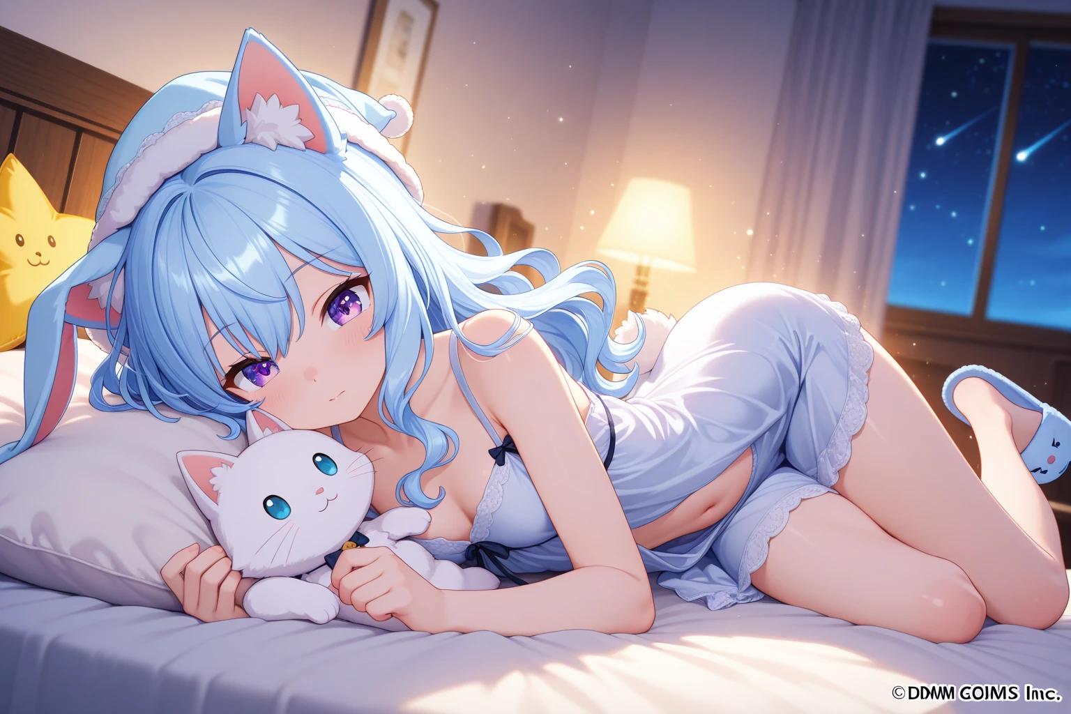 (Intricate and highly detailed illustration:1.8)、Cute Shota、Cat-eared teenager、Light blue long hair,frilly camisole bikini with frill skirt,lying on side,Very thick thighs,thigh gap,