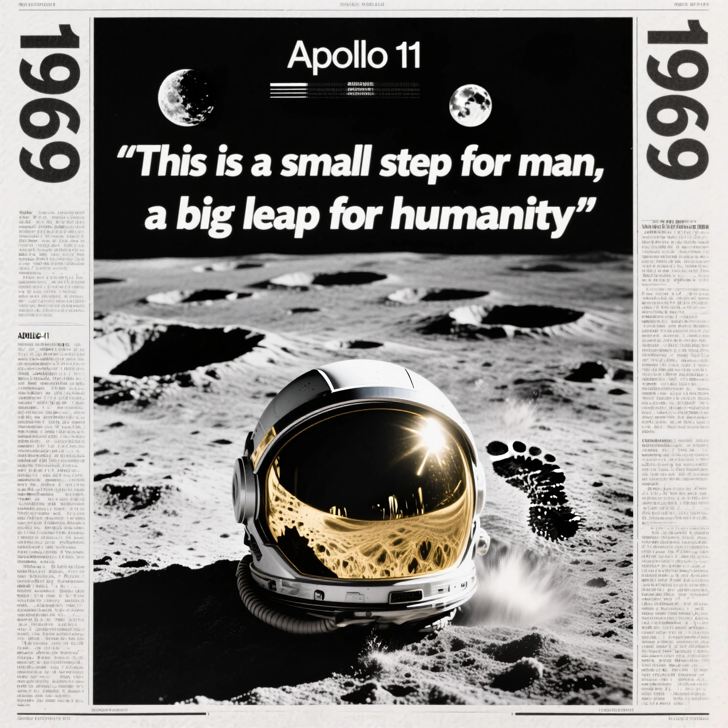 Create a black/White background from real newspaper reports on the subject of lunar landing in the year "1969". also a lunar landscape with craters in black/white moonlight should be seen. A dynamic atmosphere extends from the center of the screen, so dass die "Apollo 11" Moon dust would stir up on the lunar surface. In front of it is an astronaut's head or. A helmet with shiny gold visor. The famous footprint on the moon should also be shown. The lettering “This is a small step for man, a big leap for humanity” is written somewhere.