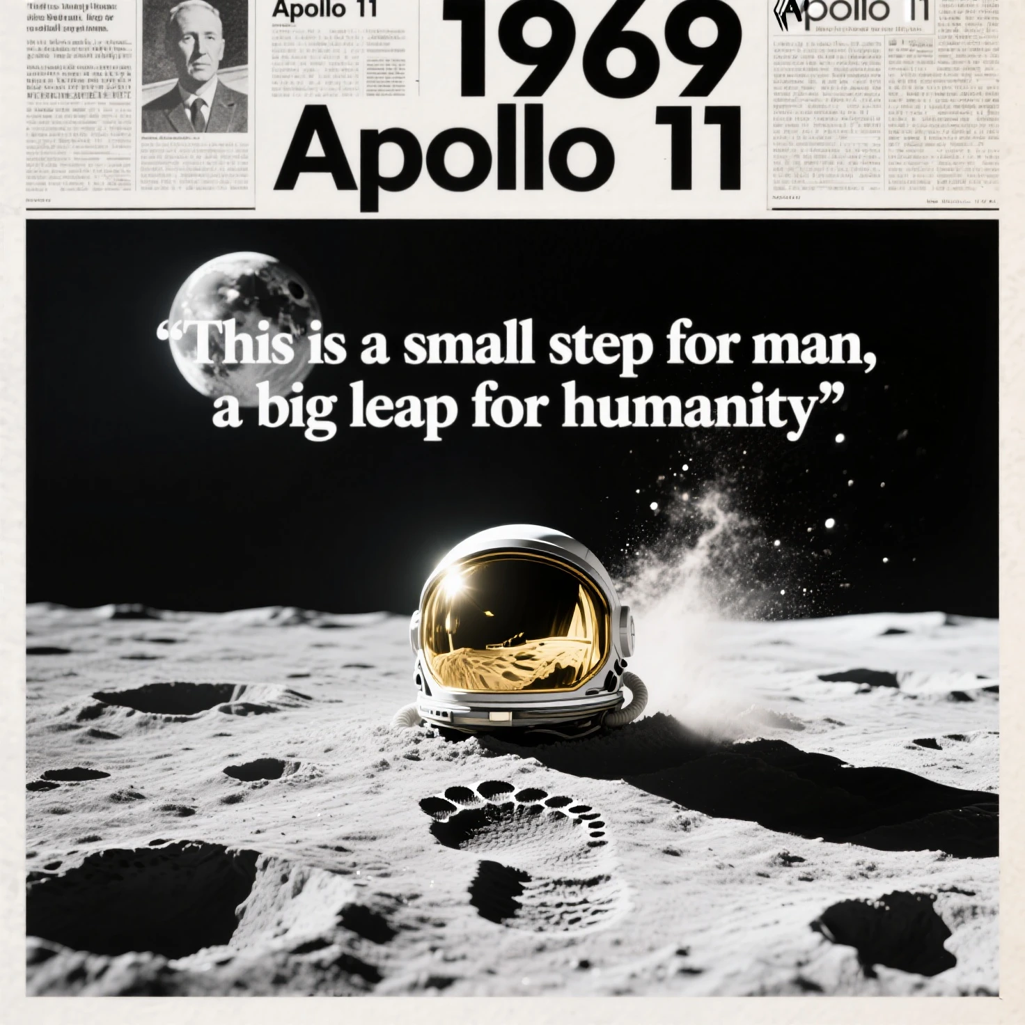 Create a black/White background from real newspaper reports on the subject of lunar landing in the year "1969". also a lunar landscape with craters in black/white moonlight should be seen. A dynamic atmosphere extends from the center of the screen, so dass die "Apollo 11" Moon dust would stir up on the lunar surface. In front of it is an astronaut's head or. A helmet with shiny gold visor. The famous footprint on the moon should also be shown. The lettering “This is a small step for man, a big leap for humanity” is written somewhere.