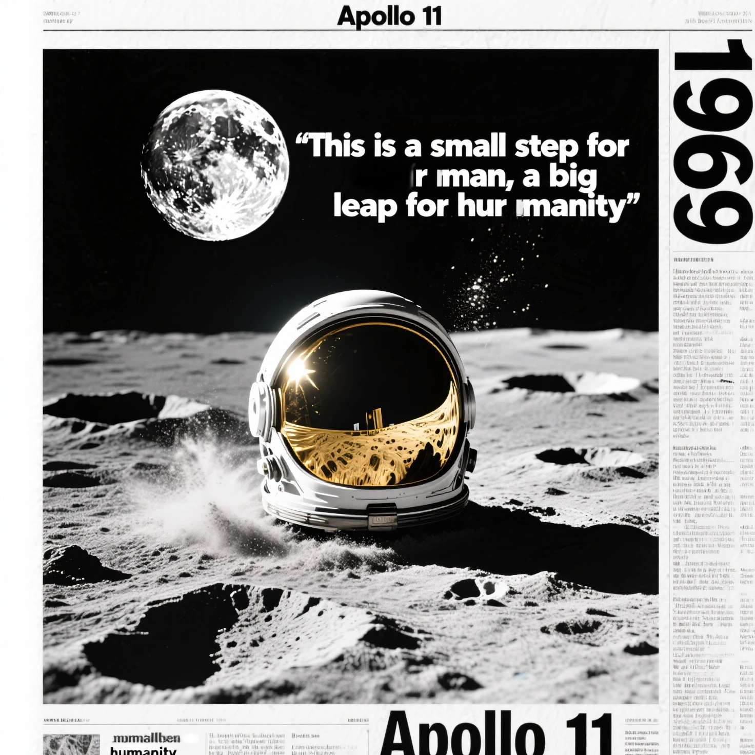 Create a black/White background from real newspaper reports on the subject of lunar landing in the year "1969". also a lunar landscape with craters in black/white moonlight should be seen. A dynamic atmosphere extends from the center of the screen, so dass die "Apollo 11" Moon dust would stir up on the lunar surface. In front of it is an astronaut's head or. A helmet with shiny gold visor. The famous footprint on the moon should also be shown. The lettering “This is a small step for man, a big leap for humanity” is written somewhere.