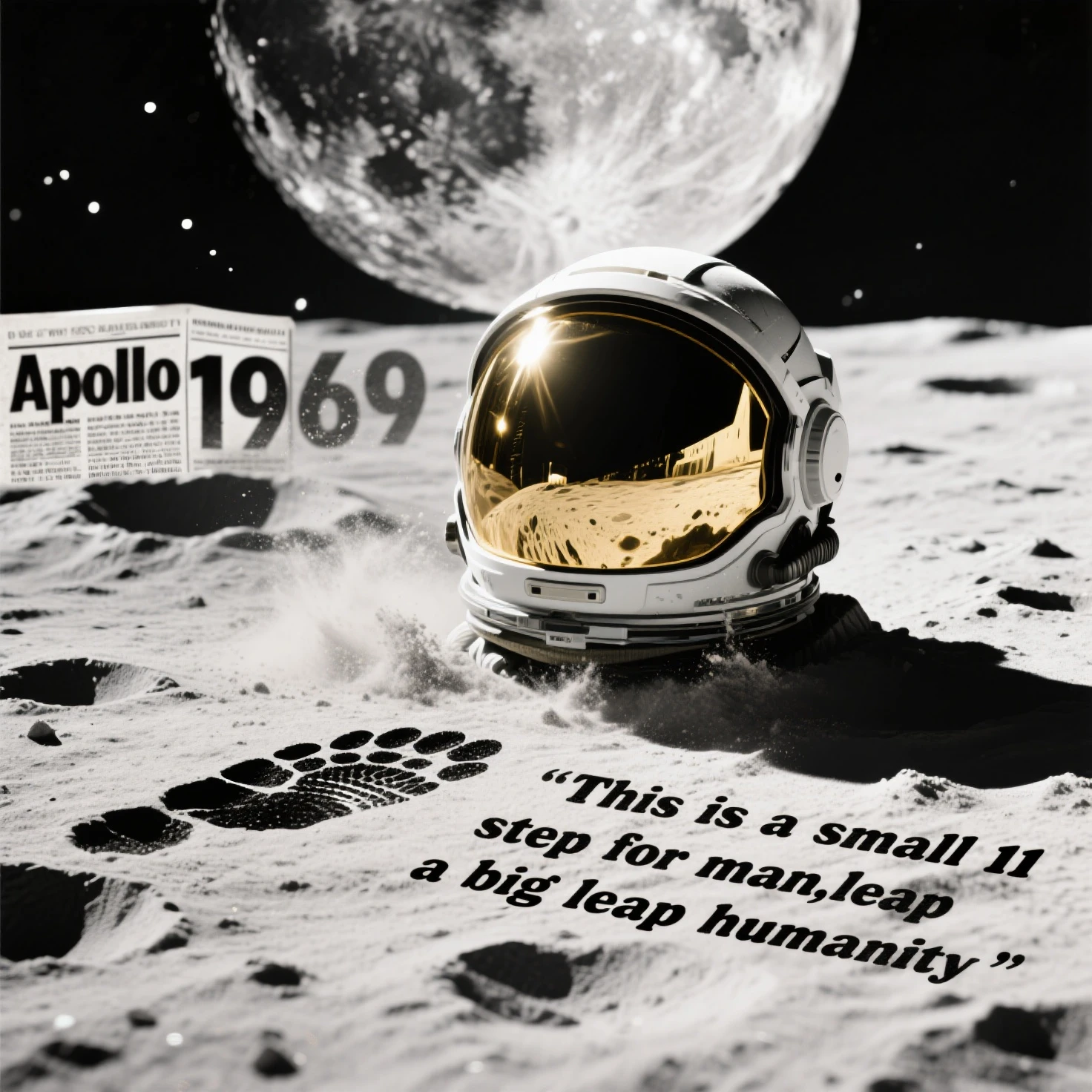 Create a black/White background from real newspaper reports on the subject of lunar landing in the year "1969". also a lunar landscape with craters in black/white moonlight should be seen. A dynamic atmosphere extends from the center of the screen, so dass die "Apollo 11" Moon dust would stir up on the lunar surface. In front of it is an astronaut's head or. A helmet with shiny gold visor. The famous footprint on the moon should also be shown. The lettering “This is a small step for man, a big leap for humanity” is written somewhere.
