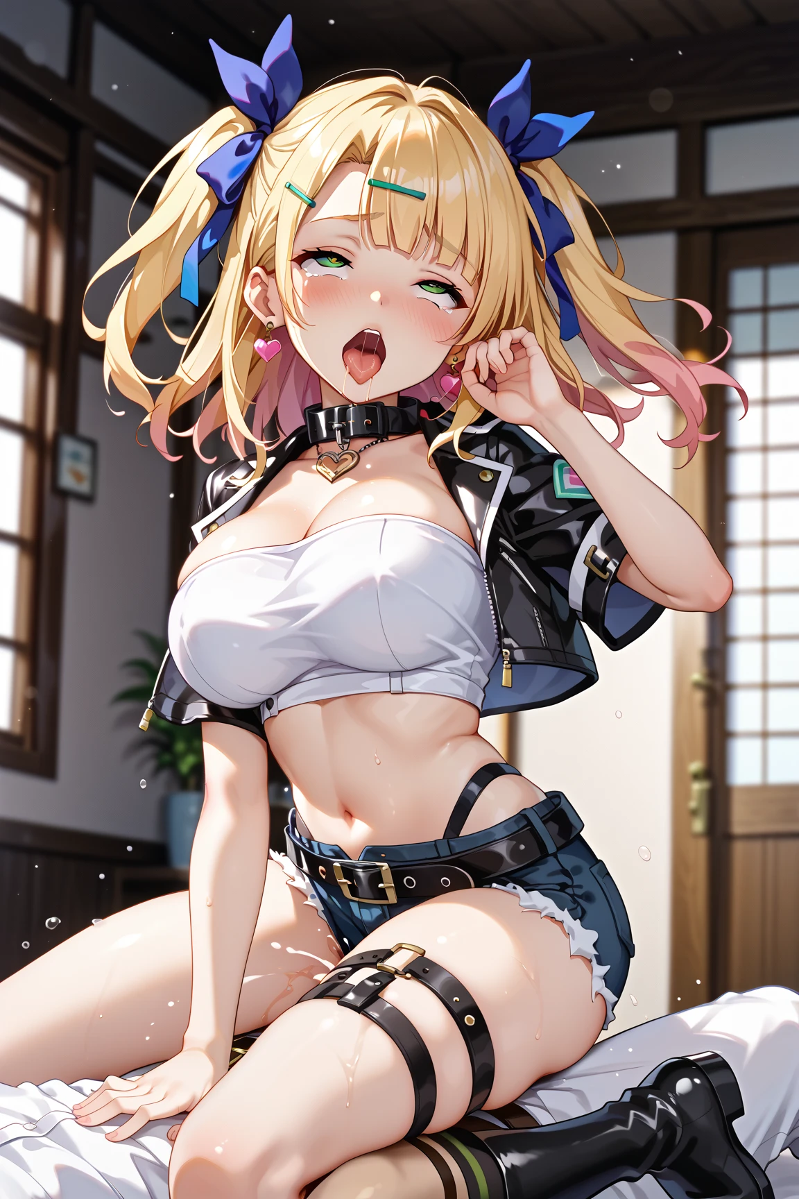 (Magazine Cover:1.8)、((From below:1.2))、Standing with open legs、 pretty 1girl, top-quality、The ultra -The high-definition、hight resolution、extremely details CG、8K Unit Wallpapers、20yr old、Beautiful detailed eyes,Platinum Blonde Hair、(((Super shiny small panties)))、((( Dark skin , Tied shirt , cropped shirt , Pleated skirt , cleavage ,)))、(Shiny body,:1.5)、 Sweat,be shy、(Ahegao:1.5)、(Stick out your tongue and drool)、full of shyness、