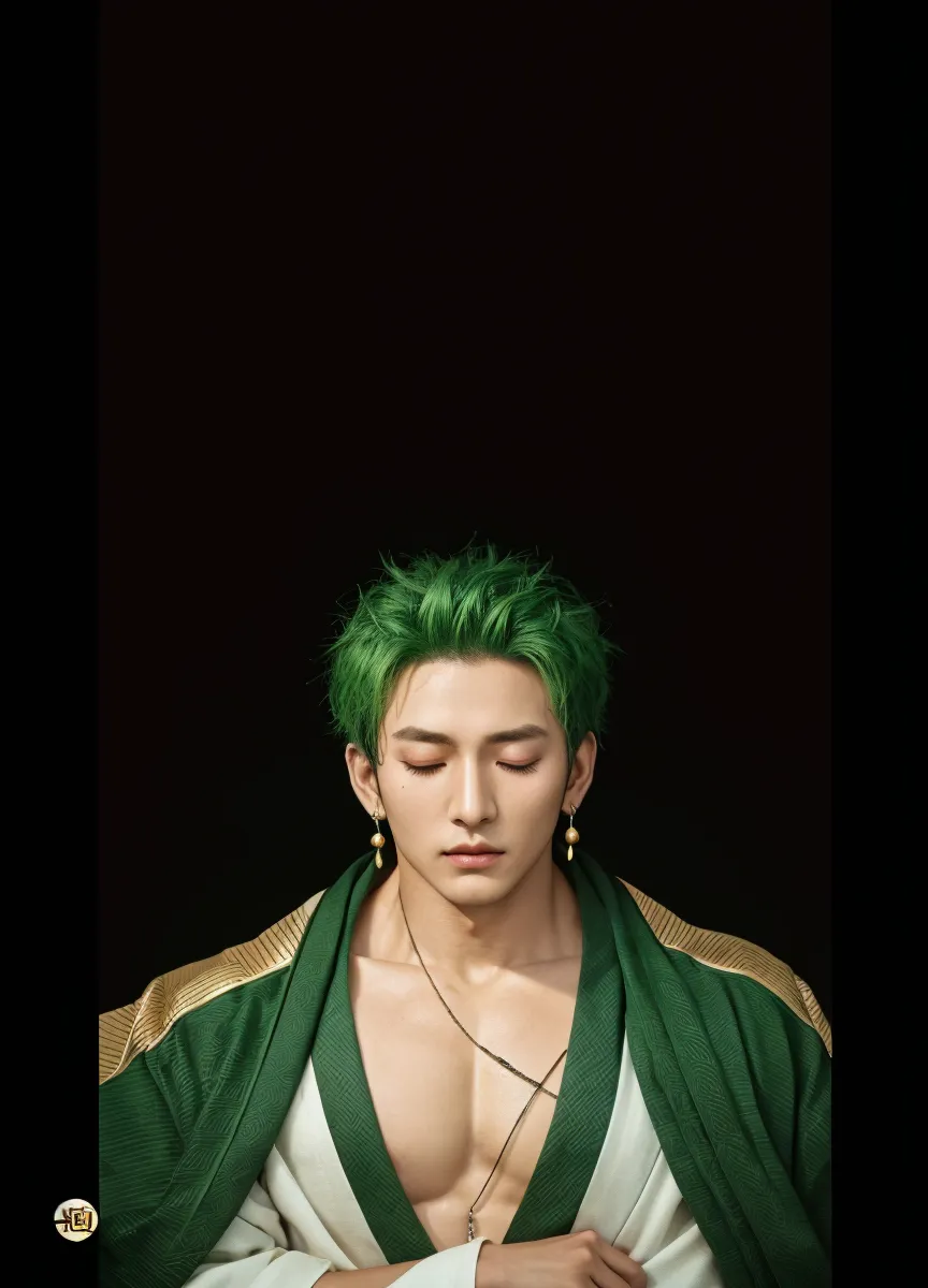 1boy, (Short Hair, Green Hair, Muscular), Green Kimono, realistic, ultra detail, 70mm lens,