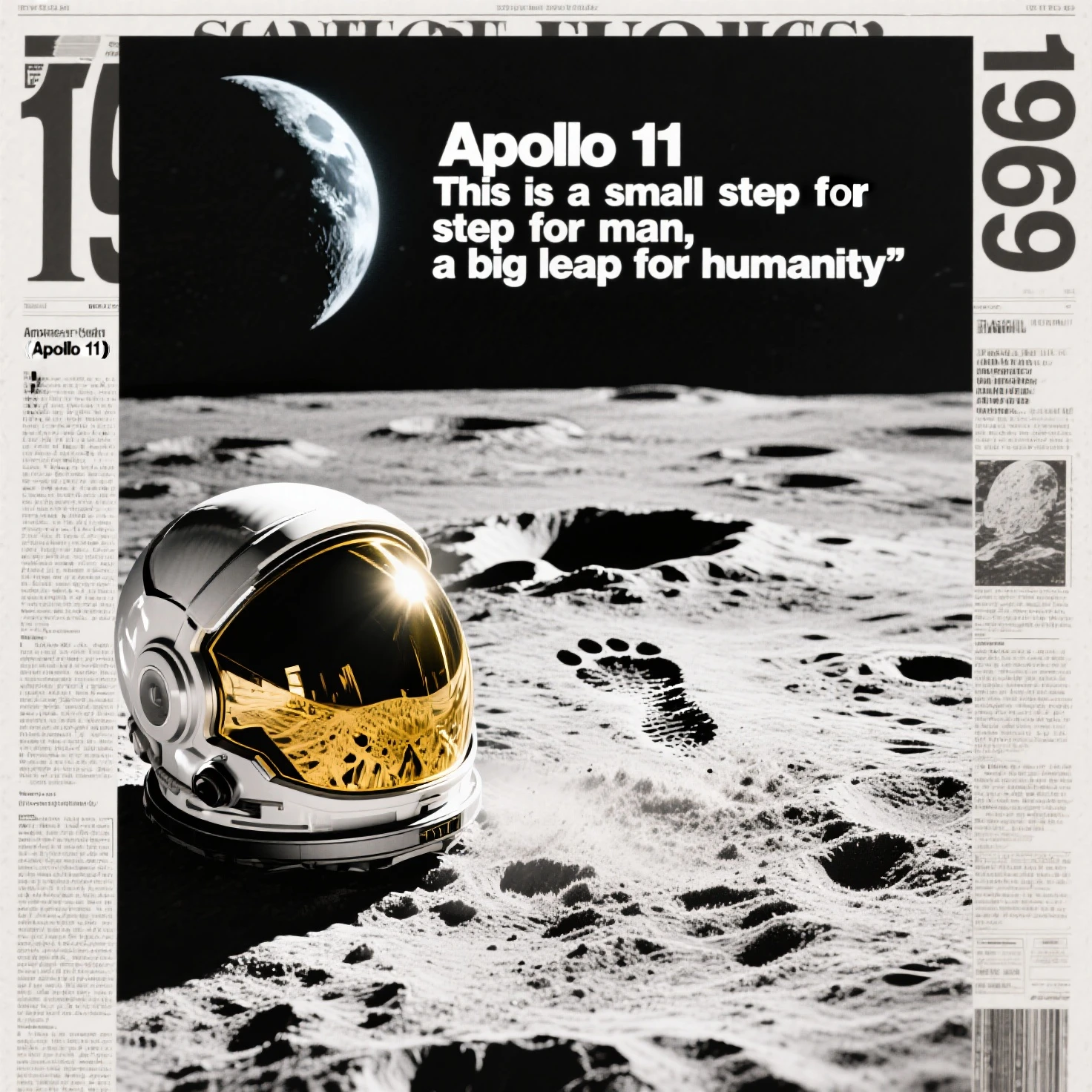 Create a black/White background from real newspaper reports on the subject of lunar landing in the year "1969". also a lunar landscape with craters in black/white moonlight should be seen. A dynamic atmosphere extends from the center of the screen, so dass die "Apollo 11" Moon dust would stir up on the lunar surface. In front of it is an astronaut's head or. A helmet with shiny gold visor. The famous footprint on the moon should also be shown. The lettering “This is a small step for man, a big leap for humanity” is written somewhere.