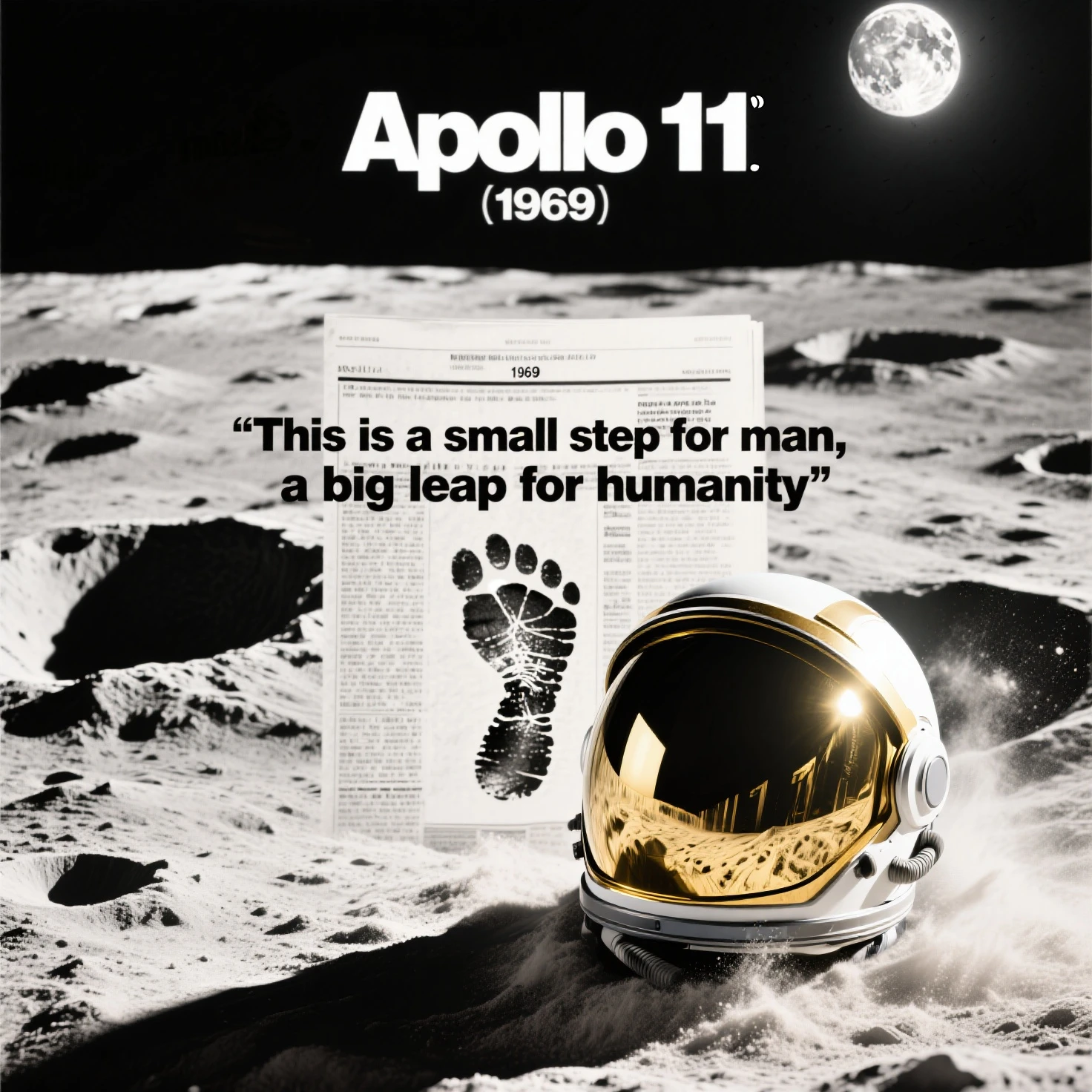 Create a black/White background from real newspaper reports on the subject of lunar landing in the year "1969". also a lunar landscape with craters in black/white moonlight should be seen. A dynamic atmosphere extends from the center of the screen, so dass die "Apollo 11" Moon dust would stir up on the lunar surface. In front of it is an astronaut's head or. A helmet with shiny gold visor. The famous footprint on the moon should also be shown. The lettering “This is a small step for man, a big leap for humanity” is written somewhere.