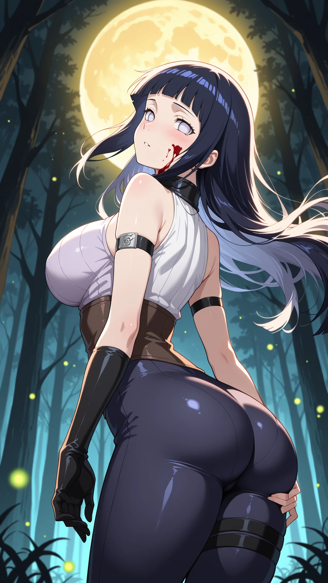 ((1 knife woman)),((tight white blouse with black dots, blouse wet with milk, tight mini skirt))),((very huge breasts, breasts gushing milk, erect breasts, naked pussy)),((hair black with white polka dots)),((close eye, hopeless face)),((standing, In a haunted forest, at night)),((1 arm behind the back)),