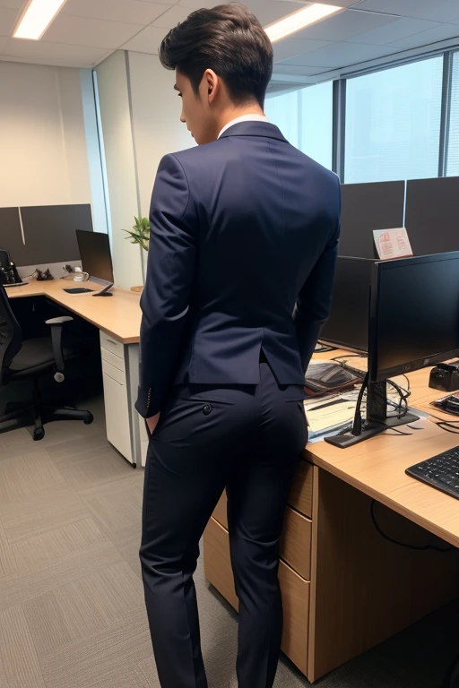 1boy、Real photo style、Photo Quality、Cute handsome man、Mash Hair、Japanese male, 、Slim body、Completely naked、Full nudity、erection、Huge penis、Highest quality、Realistic、beautiful、Back view、Inside the office、椅子に座り長机に向かうスーツ姿の面接官の前に立つBack view