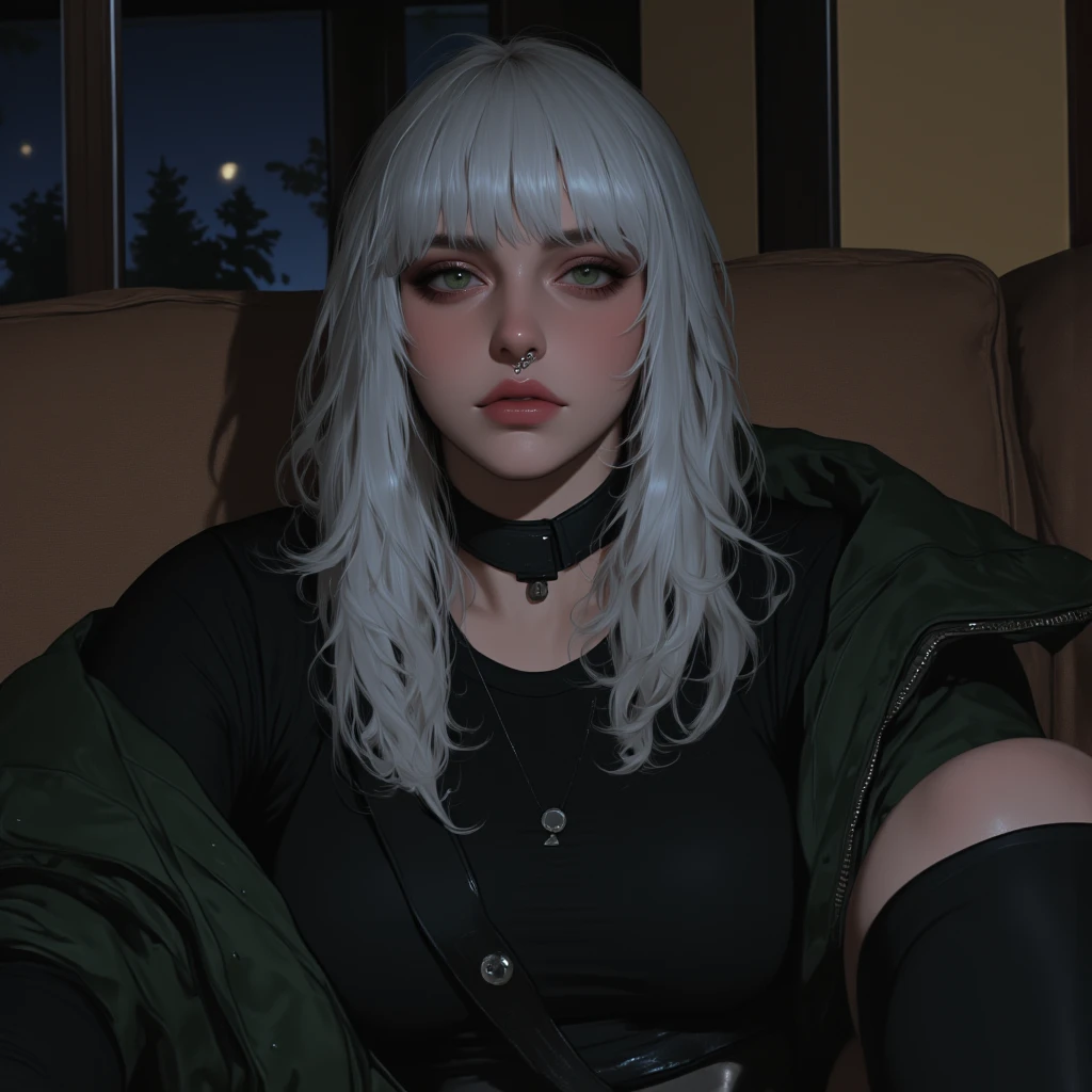 arafed woman with long gray hair laying on a couch, hyperrealistic teen, perfect white haired girl, girl silver hair, hyperrealistic , photorealistic artstyle, eva elfie, a hyperrealistic , silver hair girl, gray skin. grunge, [ 4 k photorealism ]!!!, in a hoodie, soft portrait shot 8 k