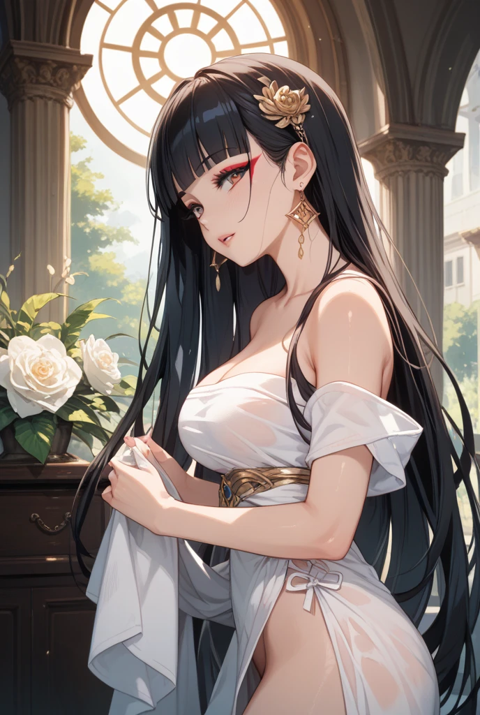 A mature woman，Long black hair，Bangs，White skirt，high quality，Beautifully，masterpiece
