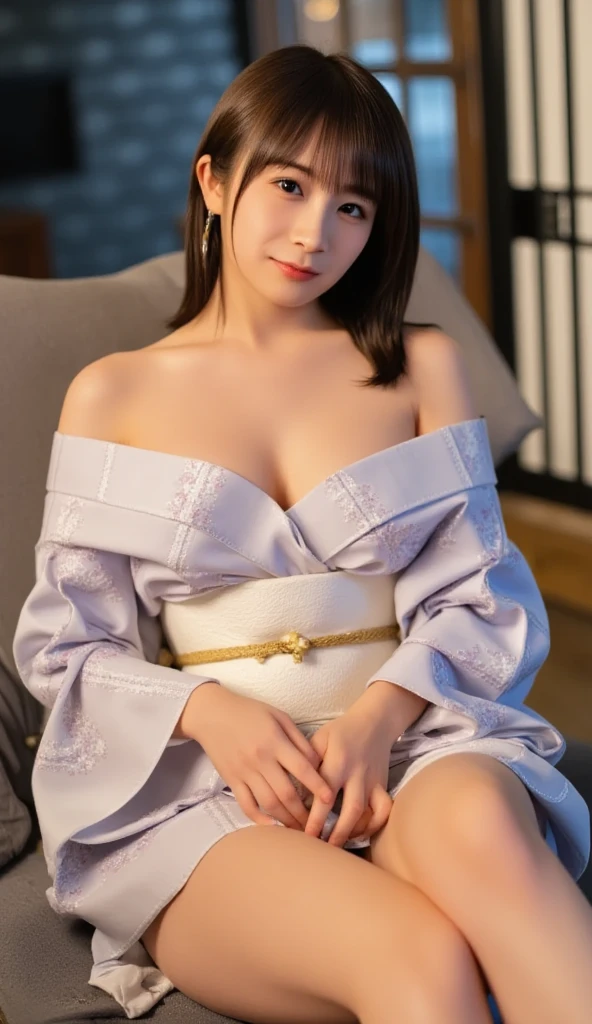 Looking at camera, cleavage, purple lace lingerie, purple dress, old castle guest room, fireplace, 21 years old, girl, brown hair, long hair, dark eyes, huge breasts, big butt, thick legs, erotic pose, sexy pose,