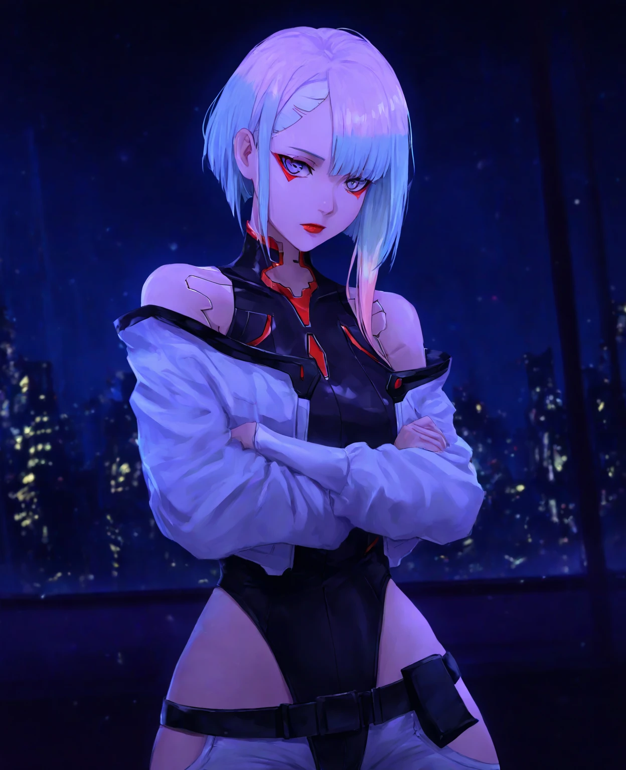 ,flat chested, flat stomach, tiny body, small stature, high quality image of an anime-style gothic girl, the girl has a very thin body, the girl has short legs, her face is sad, the girl has white skin, the girl has very small breasts, The girl is slightly blushing, the girl has little ears, the girl has white hair, the girl has short hair, the girl is posing sexy, the girl is wearing a sexy black tight leotard, the girl's eyes are bright red, the girl has very marked black eyeliner, The background of the image is a night garden with luminous ghosts,