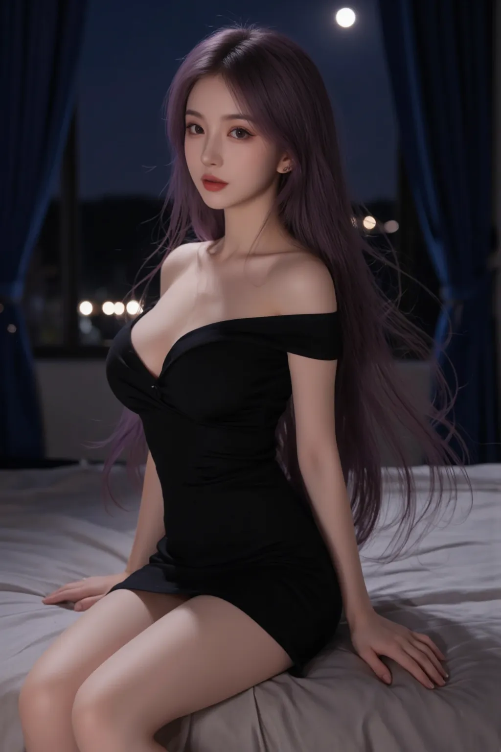 1girl, alone, solitary, high quality, (best quality,4k,8k,highres,masterpiece:1.2),ultra-detailed,(realistic,photorealistic,photo-realistic:1.37),gorgeous hair,light purple hair,long straight hair with bangs,puffy eyes,mole on the cheek,plump lips,jewelry,(high detailed skin:1.4),(light room:1.3),(rim lighting:1.3),(lit:1.3),(sunny day:1.3),indoors,portrait,smirk, waist-length hair, red or black clothes
