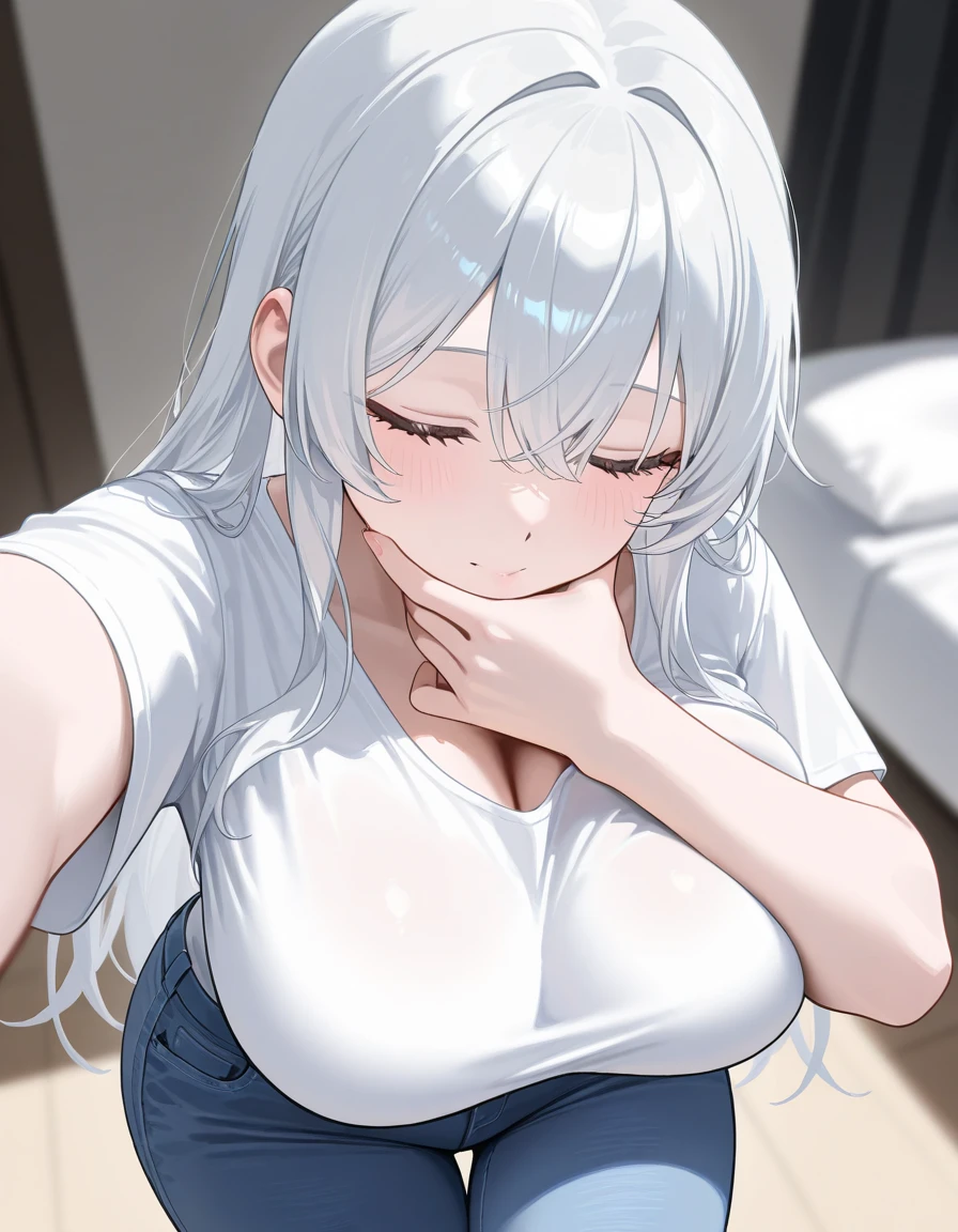 ass pov,nsfw,beautiful girl,Anime Face,older sister,Gray Hair,ponytail,steam,(low quality,worst quality:1.4),extra limbs,missing limb,extra digit,fewer digit,missing digit,missing finger,fused fingers,mutated hands and fingers,1girl,sweat,white t-shirt,Jeans,squatting,blowjob face,oral invitation,from above