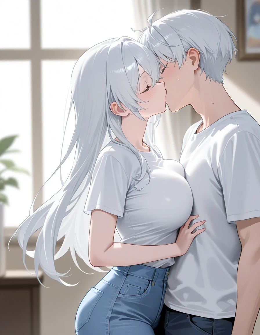 Amazing portrait of a sexy and woman wearing a black and white striped t shirt and a dark green skirt kissing and making out passionately with a shirtless boy on the bed in an intimate setting