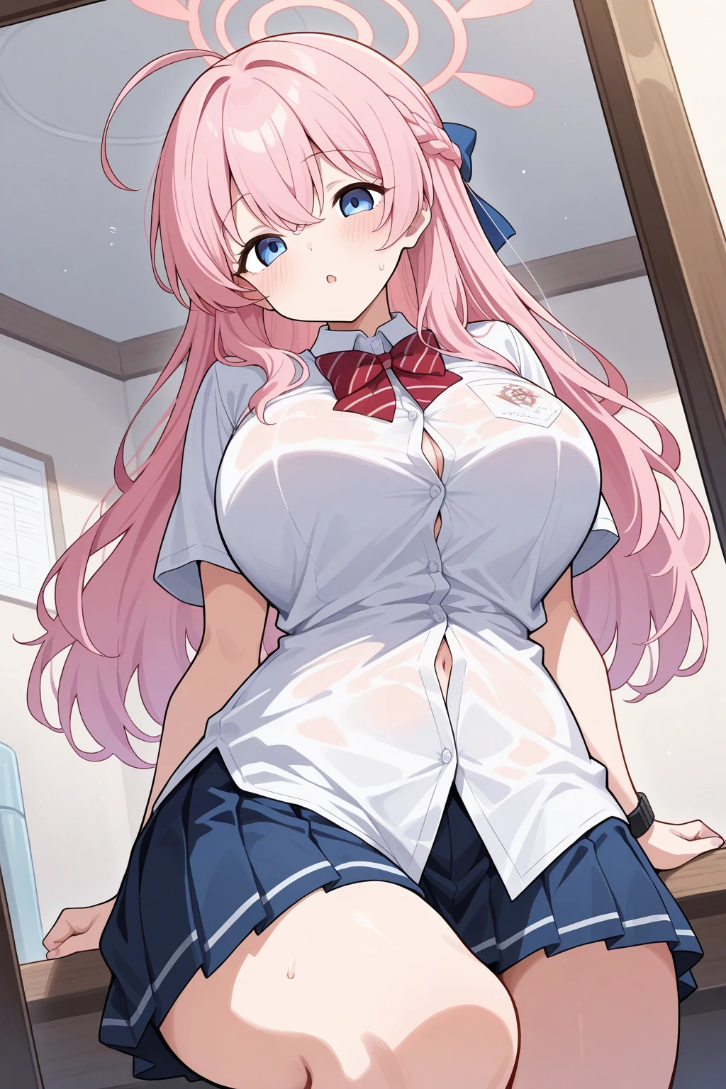 High quality, masterpiece, ultra-detailed, school uniform, very short skirt, unbuttonned shirt, black stockings, pink panties, choker, headress, 1girl, solo, peaceful expression, long pink hair, enchanting blue eyes, fox ears, nipples, huge breasts, school