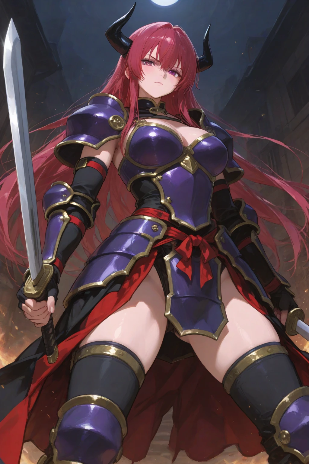 Erza scarlet, fairy tail, anime style, black armor, sitting cross-legged, smile 