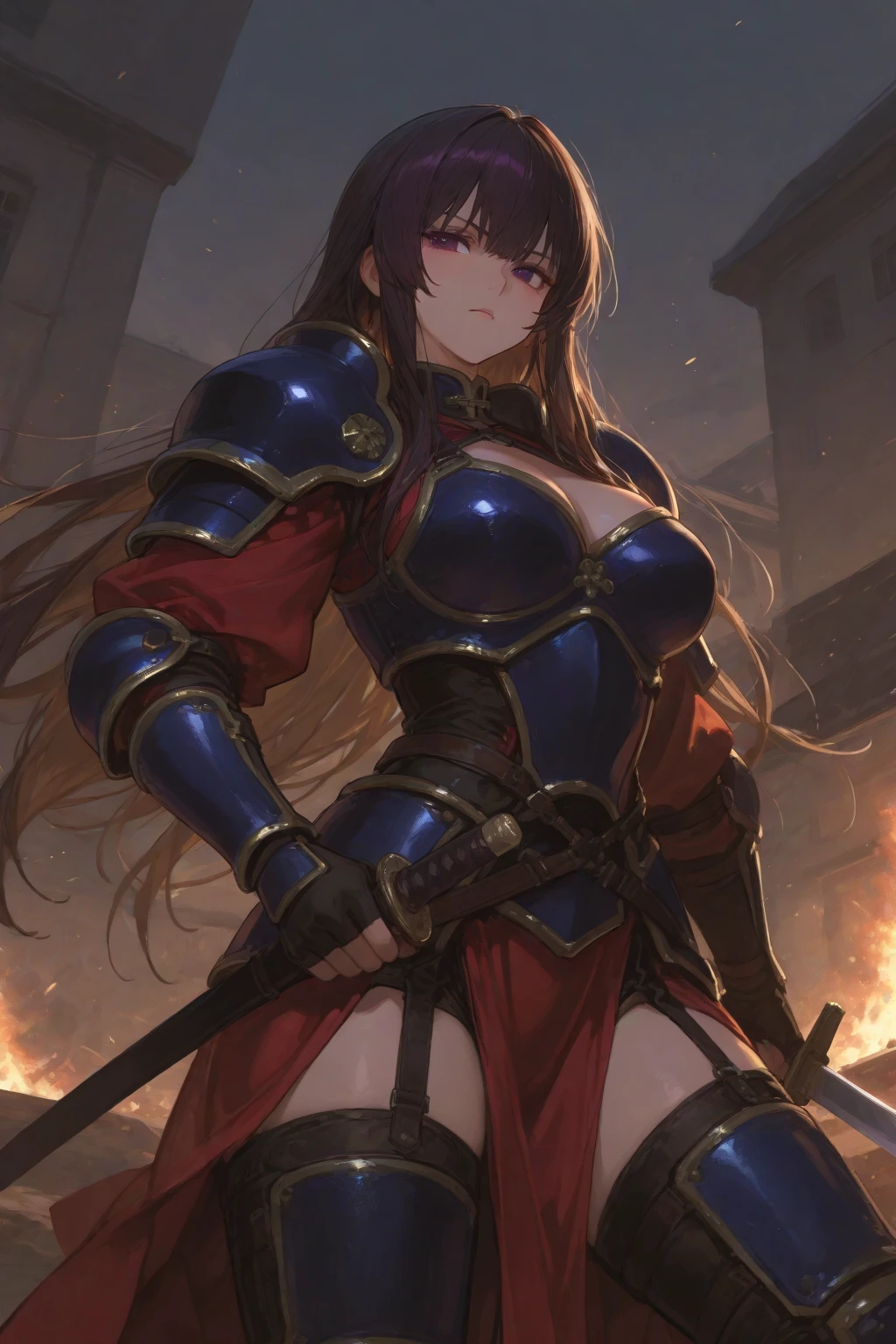 Gold armor, 4K image, rallies, best quality, masterpiece, movie lighting ，Sexy，Female warriors，Large Breasts，Cleavage，action，In battle，cleavage，Sweat，Blushing，Armor battle damage，wielding a sword，Red wavy long hair