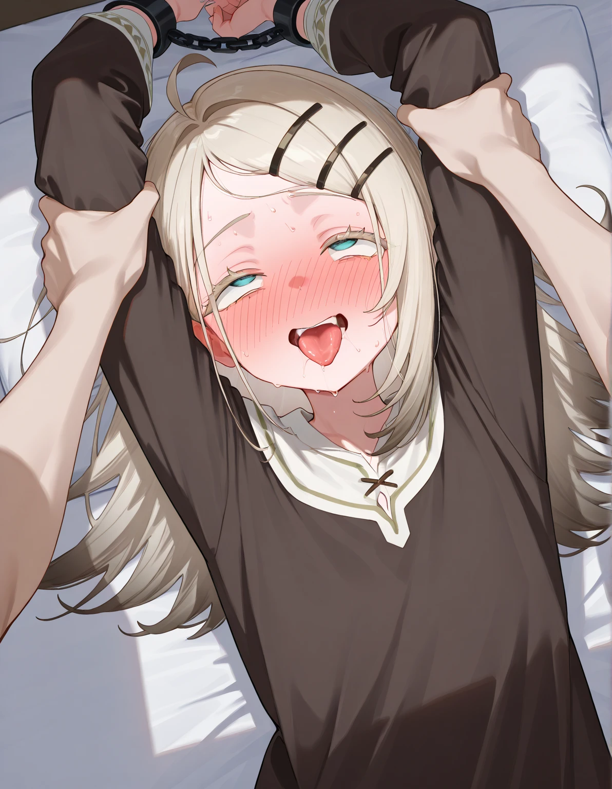 One girl, ((((Long bangs covering one eye)))), View your viewers,Puffy nipple、 whole body、((Protruding pubic hair))、Stiletto heels、(Dark Skin:1.2), (Dark skinned women:1.2),Blonde、Sweat、 ((whole body網タイツ)),Very detailed、((Drooling))、Plump、((I'm masturbating and cumming))、Ocean、((Ahegao))、Eyes are hearts、lotion、((Lie down))、