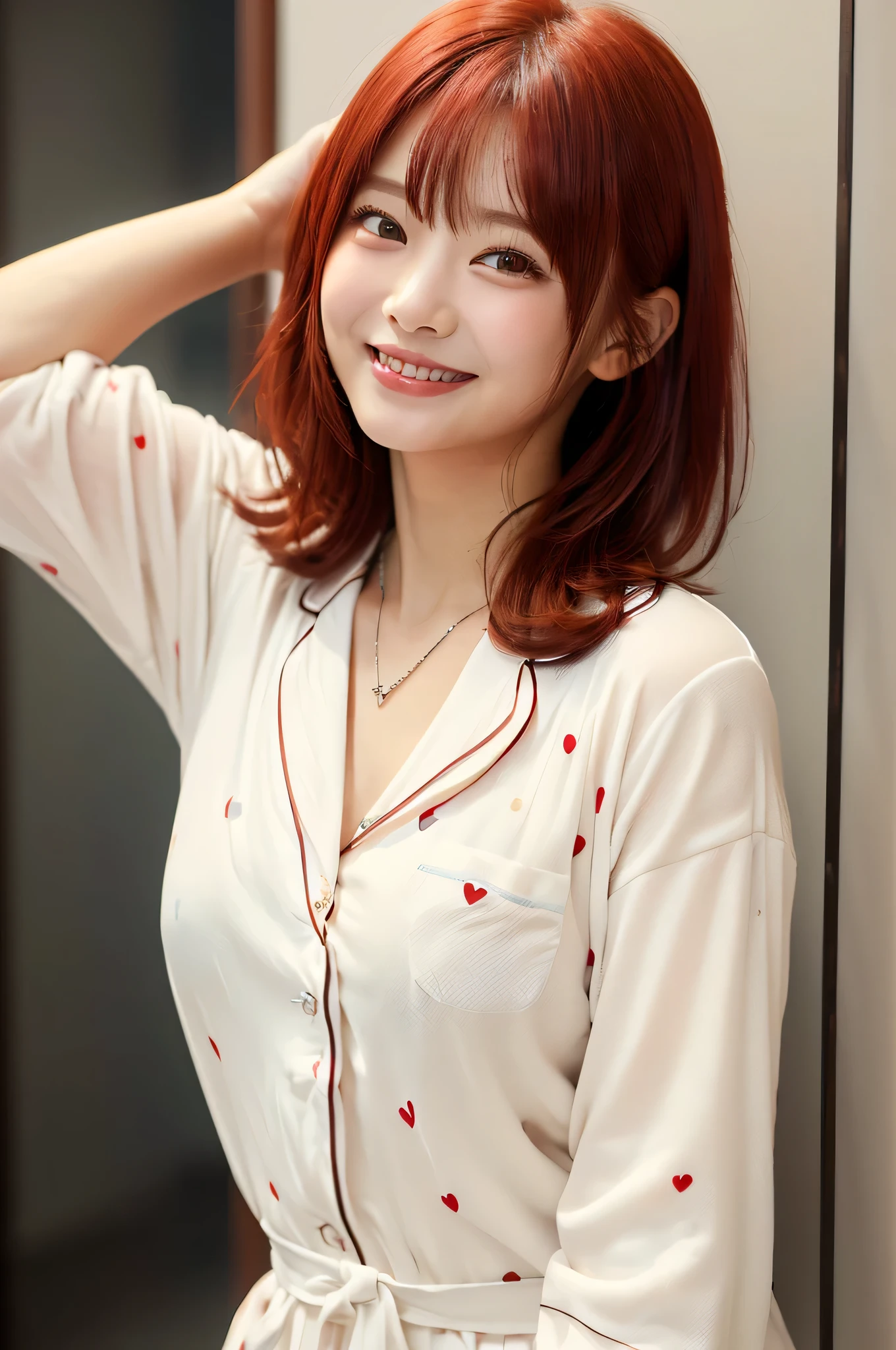 (((top quality、frame in、8k、32K、masterpiece)))、(realistic)、(realistic:1.2)、(high resolution)、very detailed、 very cute face and eyes、1 、round face、tight waist、Delicate Body、(close、top quality、attention to detail、rich skin details)、(top quality、8k、Oil:1.2)、(realistic、realistic:1.37)、bright color、(((I have Red hair)))、(((Upper Body Shot)))、(((short hair)))、(((cute smile)))、((( Red hair )))、(((These are white pajamas)))、(((I'm wearing white polka dot pajamas)))、((( I'm touching my hair)))、(((it's a girly hairstyle)))、((( I'm wearing polka dot pajamas )))、(((heart shaped necklace )))、(((私はshort hairです)))、((( smiling happily)))、the background is a white wall、