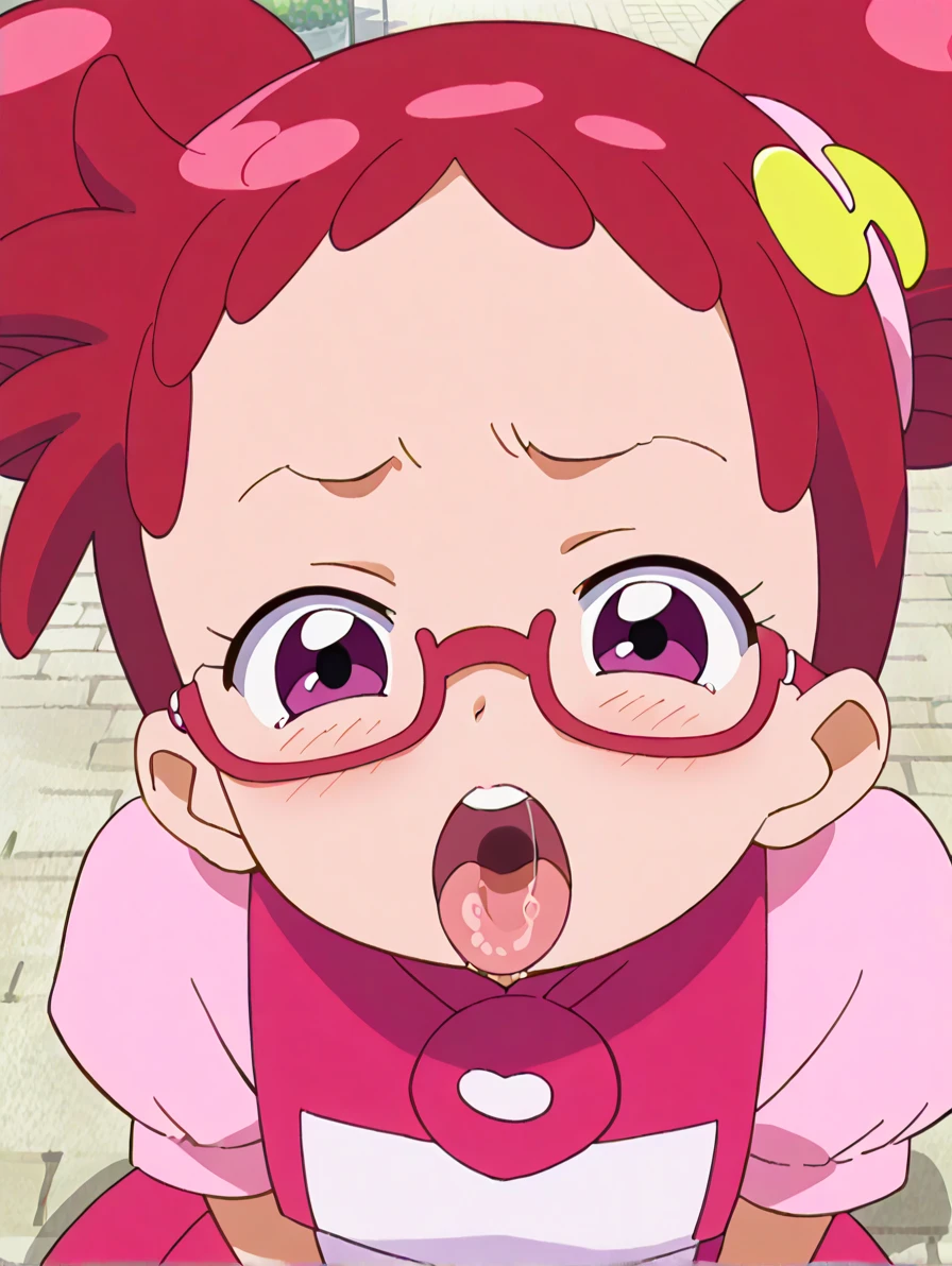 android21, 1girl, solo, blue eyes, brown hair, long hair, curly hair, hair between eyes, jewelry, hoop earrings, glasses, checkered dress, two-tone dress, multicolored dress, tight dress, turtleneck, black pantyhose, labcoat, long sleeves, smile,closed mouth,cowboy shot, forest,outdoor, (insanely detailed, beautiful detailed face, masterpiece, best quality) cinematic lighting,blush, open mouth, big mouth, tongue, tongue out, close up, saliva, uvula, uvula, mouth focus, excessive saliva, , looking down, nude, long tongue, large tongue