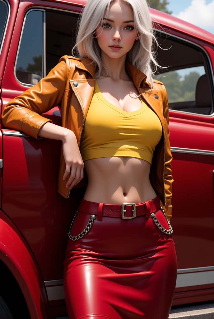 (8k, Foto RAW, melhor qualidade, obra-prima: 1.2), (realista, Foto realista: 1.4), (Fotorealismo: 1.4), (extremamente detalhado CG unidade 8k papel de parede), (1 menina: 1.5), NVIDIA RTX Ray Tracing, corpo inteiro, 1 blonde girl, garota real, ultra high-resolution, high-resolution, Cindy, ( Cindy Aurum Final Fantasy XV), She's an auto mechanic, beleza oriental, linda garota, leve sorriso, olhando para o espectador, (pele altamente detalhada: 1.2), ( jaqueta amarela curta com detalhes em vermelho:1.4), Short yellow leather jacket with red accents and slightly dirty from engine oil, Open jacket with red lingerie on display, (Bra Red: 1.4), Red bra on jacket neckline, (short jeans azul curto), antique steampunk welder's glasses around the neck, cinto de ferramentas em couro marrom levemente folgado na cintura, pele parda com leve brilho, corar, olhos grandes, corpo inteiro, coxas muito grossas e musculosas bem definidas, pernas grossas e torneadas definidas, well-defined muscles, barriga musculosa, cintura fina, defined abdomen, quadris largos, umbigo aberto, cabelos loiros na altura dos ombros, blonde hair, Red cap with shark logo, seios grandes, decote nos seios, corpo voluptuoso, Pose sexy, Legs on display, botas de couro branco na altura dos joelhos, black trawler socks, particuls, In the background an old gas station in the desert and an old winch truck, noite escura estrelada, starry dark sky, estrelas cadentes, lua cheia.