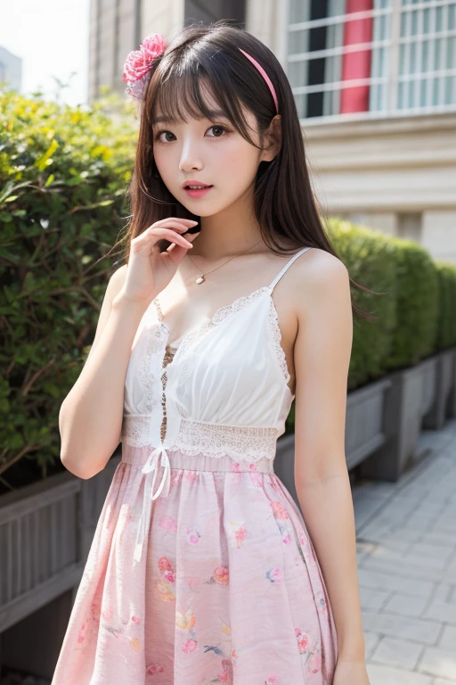 (Highest quality、8k、32K、masterpiece、to be born)、Cute Japanese Women Photos、{(girl:18Year:Embarrassed smile),,(blush:1.1)}}、Looking at the audience、Leg Details、(Spread your legs:0.9)、(Lace panties:0.9)、(Wind力上昇:1.6)、whole body、Wind、city、Outdoor、Big Breasts