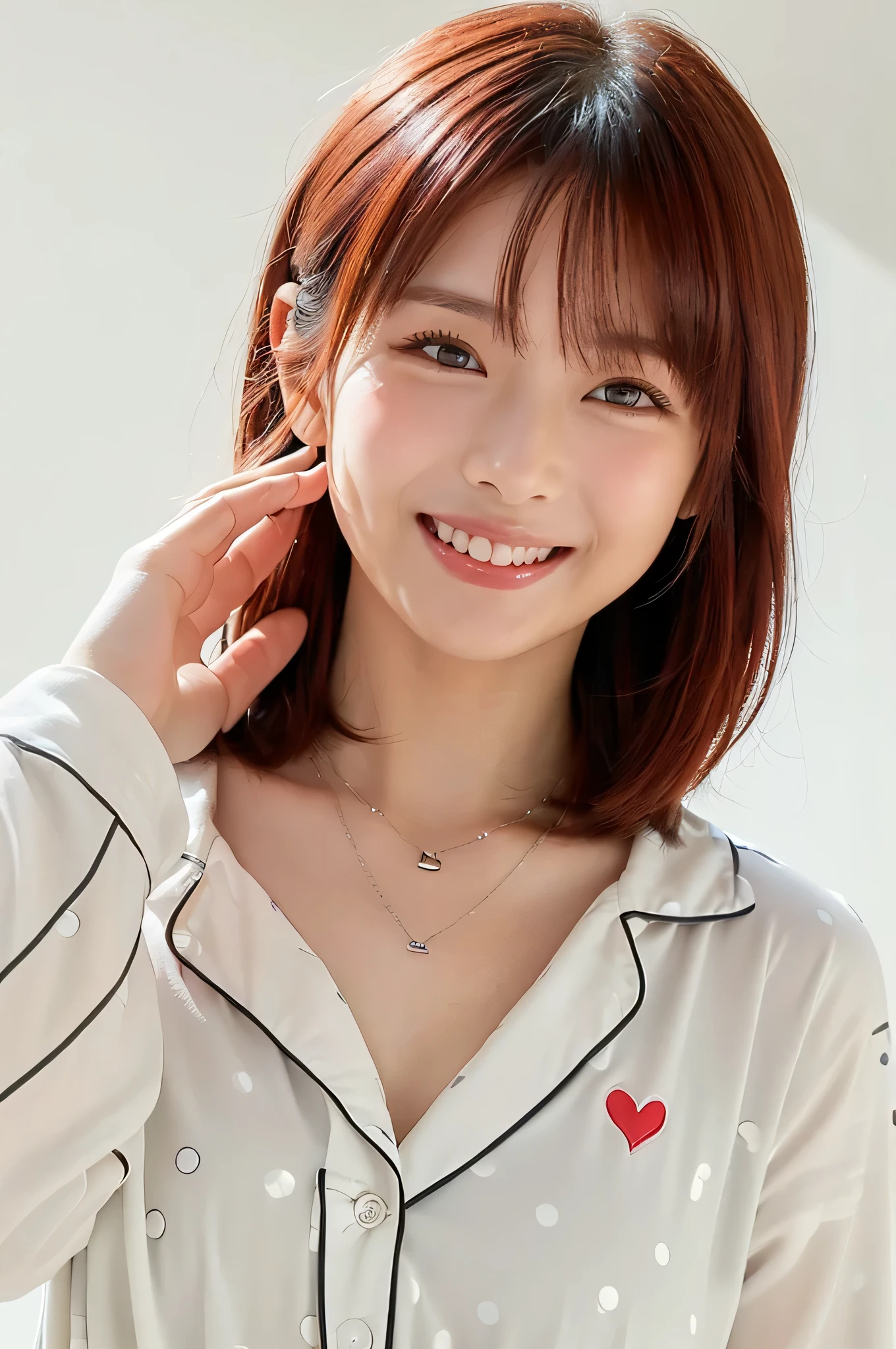 (((top quality、frame in、8k、32K、masterpiece)))、(realistic)、(realistic:1.2)、(high resolution)、very detailed、 very cute face and eyes、1 、round face、tight waist、Delicate Body、(close、top quality、attention to detail、rich skin details)、(top quality、8k、Oil:1.2)、(realistic、realistic:1.37)、bright color、(((I have Red hair)))、(((Upper Body Shot)))、(((short hair)))、(((cute smile)))、((( Red hair )))、(((These are white pajamas)))、(((I'm wearing white polka dot pajamas)))、((( I'm touching my hair)))、(((it's a girly hairstyle)))、((( I'm wearing polka dot pajamas )))、(((heart shaped necklace )))、(((私はshort hairです)))、((( smiling happily)))、the background is a white wall、