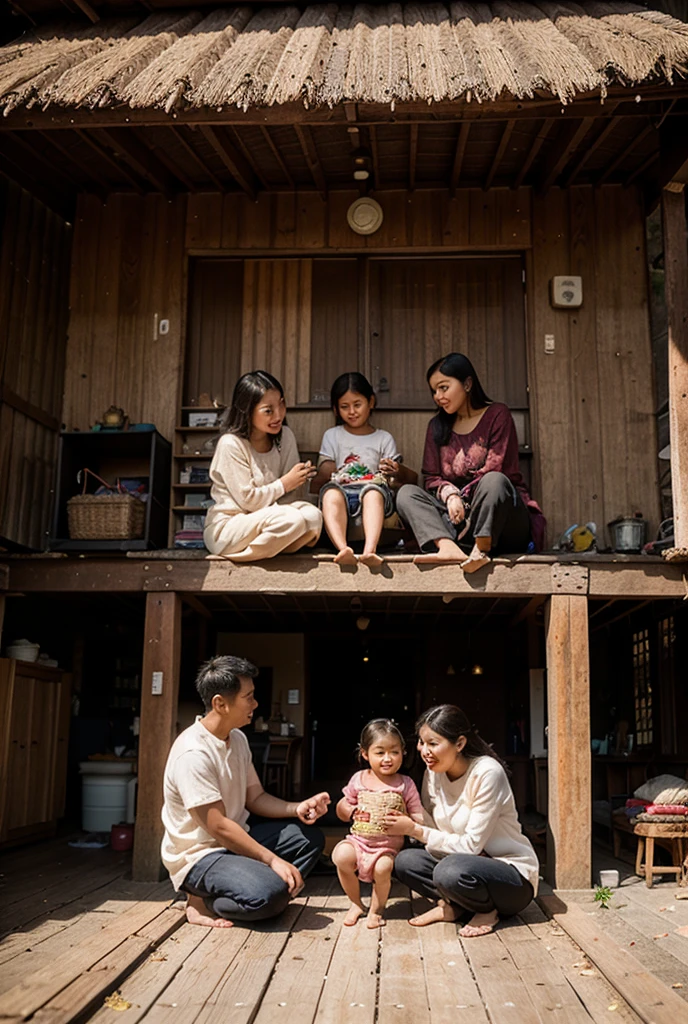 A whole Japanese family together with small children, teenagers and parents and grandparents, sentados numa mesa madeira de frente a uma cabana num dia muito chuvoso, numa floresta ao fundo com montanhas, Impeccable, Fantastic, nunca visto antes e todos os detalhes em UHD