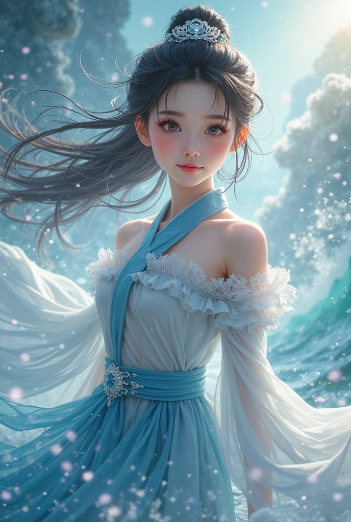 (best quality), ((master part)), (high resolution), Original, (Papel de parede 8k muito detalhado), Superexposta, 1girl, (medium tits), (extremamente delicado e bonito), (Beautiful and detailed eye description), (Beautiful and detailed facial depiction), (sozinho), (pernas delgadas, salto em altura), behind arms, Saia de chuva, Hair accessories, colar, saia plissada azul, jewelries, brincos, chinese style architecture, cabelos ondulados, messy hair, longos cabelos grisalhos, , master part, best quality, Custo de seda transparente, Rosto kawaii, anime, Roupas multicoloridas transparentes, (ULZZANG-6500:1.2)