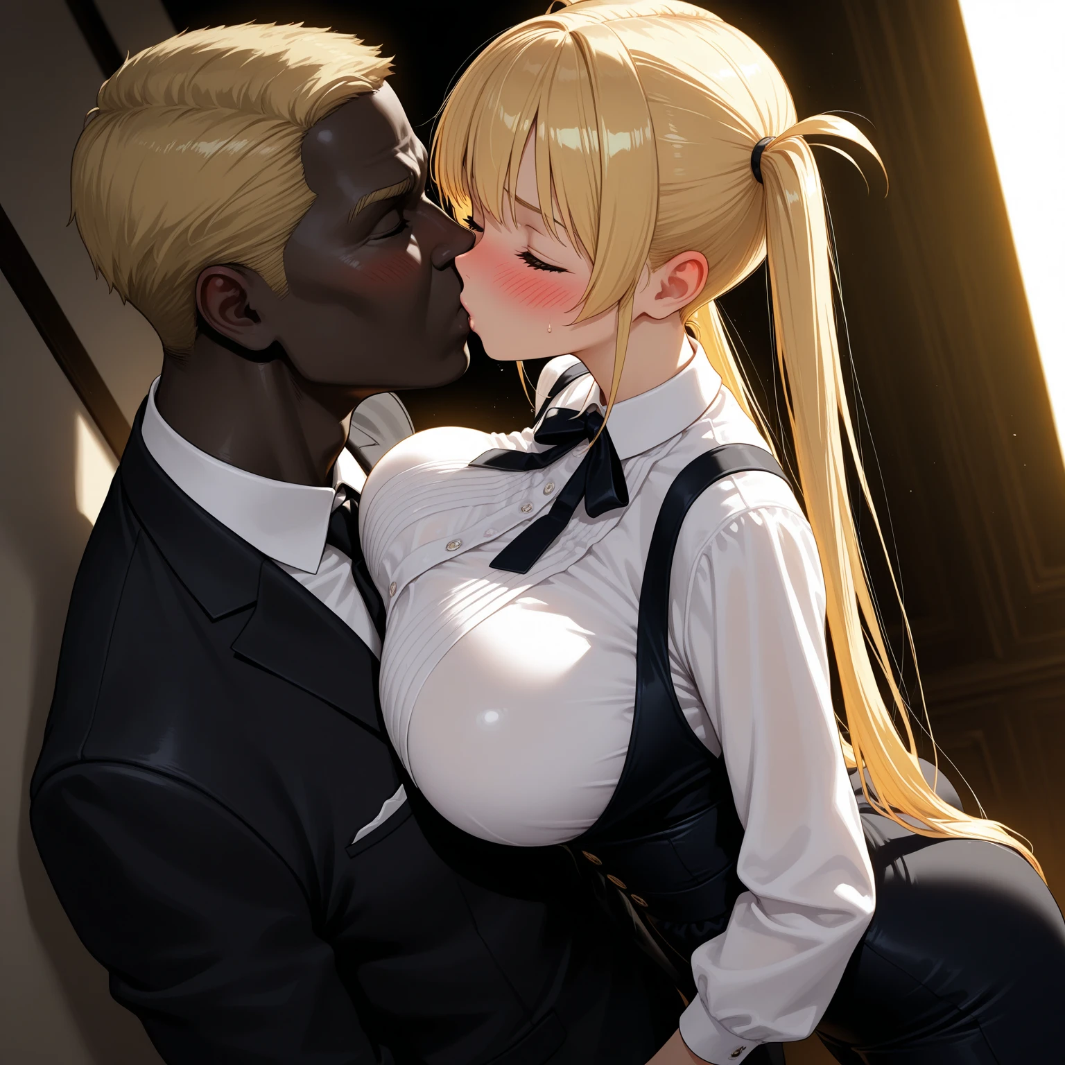 score_9, score_8_up,score_7_up, score_6_up,source_anime, BREAK uncensored, official art, official style,anime_screencap , anime coloring ,dbj , qqx, cch, [[zjw]] , 1girl, SaberFS, blonde hair, green eyes, short hair, french braid, ahoge, beautiful lips , SaberCasual, white shirt, neck ribbon, long sleeves , high-waist skirt, blue skirt, black pantyhose ,full face blush ,(((saliva))) , (((ecstasy))) , (((orgasm))) , rating_explicit, perfect anatomy, anatomically correct hands:1.3, BREAK source_anime,(ultra HD quality details) ,blue brick wall, dark room, dungeon, French kiss ,drool ,side view,1boy,Wicked smile , (((Dark-skinned man))) , (((Muscular man))), (((ugly man))) , (((height difference))) , (((age difference))), (((father and daughter)))