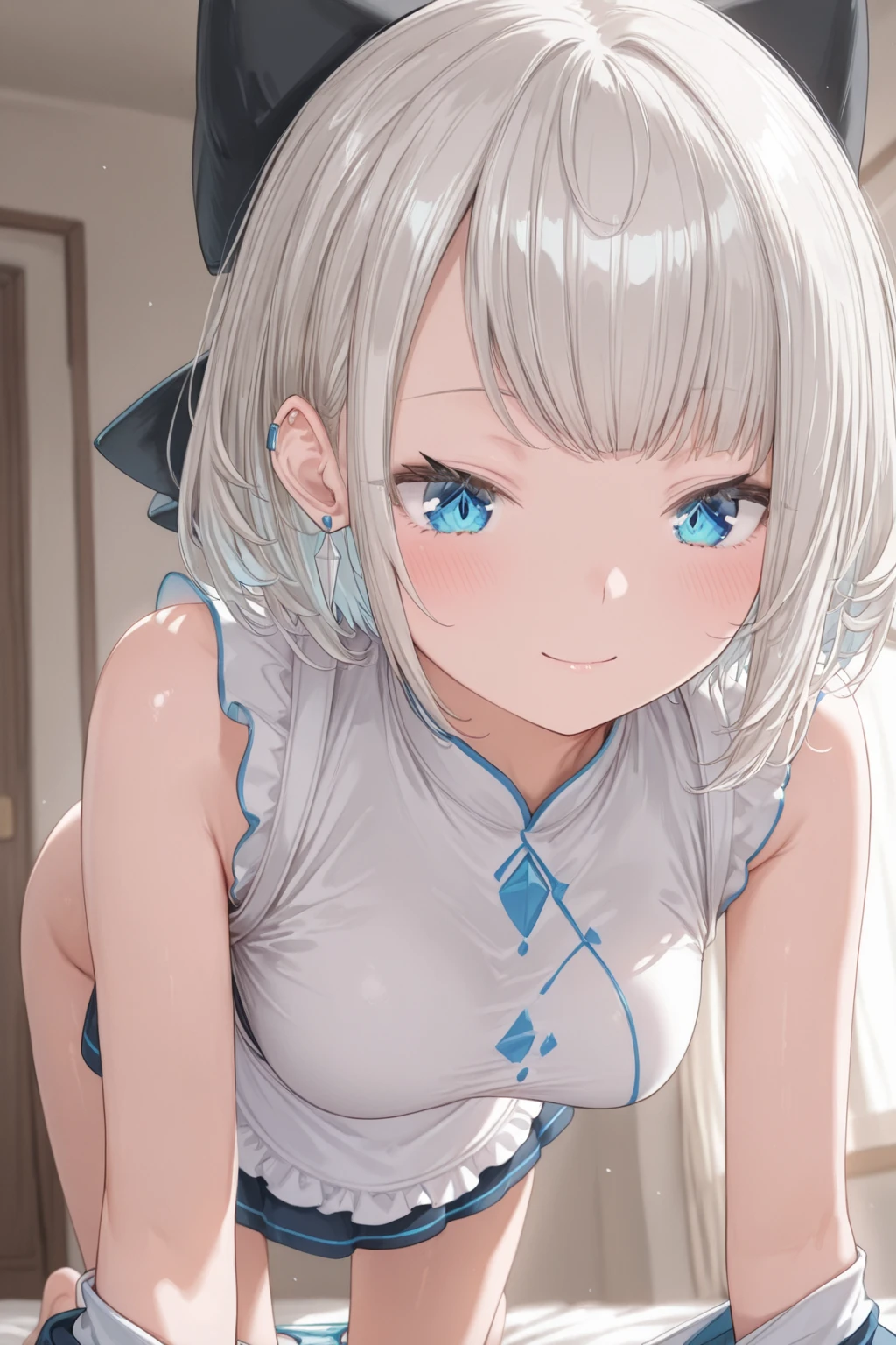 ((Highest quality)), ((masterpiece)), (detailed), Anatomically correct body shape、correct leg position、correct hand position、high school girl、White blouse、Navy Blue Skirt、Blue Eye、Blonde Bob Cut、Small breasts、Big ass、On all fours、Rest your elbows on the floor、Extend your legs and lift your hips、