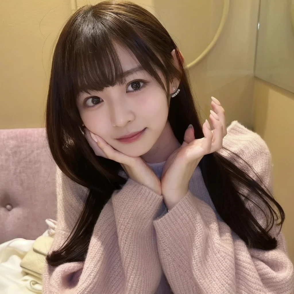 Tabletop, Highest quality, figure, Very detailed, In detail, High resolution, 8k wallpaper, Perfect dynamic composition, Beautiful attention to detail,Straight hair,small ,Natural color lip, Randomly sexy poses,smile,Shibuya Ward、20-year-old girl、cute、sexy shot looking at camera、Posing as a fashion gravure model、Hair blowing in the wind,Long-sleeved loungewear,Narrow Face,Slender body,RAW Photos,living room(Sit on the sofa),Selfie,Close-up of face,Background Blur,(1girl),