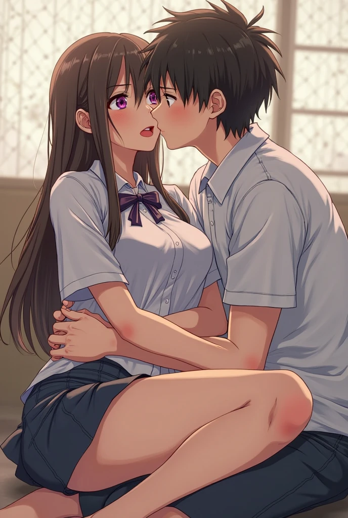{{{masterpiece}}}, {{{best quality}}}, {{ultra-detailed}}, {illustration}, {{an extremely delicate and beautiful}}, (beautiful detailed eyes:1.6), extremely detailed face, 16k, visual anime de uma jovem mulher, extremamente bonito rosto de anime, anime melhor garota, anime face, NSFW, Mizuhara Chizuru(Rent-A-Girlfriend), chizuru ichinose, aachizuru, cute face, long hair, bangs, brown hair, (brown eyes:1.5), (one side up:1.5), braid, hair braid, medium breasts, thin waist, big hips, curvaceous, BREAK, neck ribbon, red ribbon, pink shirt, short sleeves, puffy sleeves, puffy short sleeves, white collar, mini skirt, pleated skirt, white skirt, barefoot, red high heels, BREAK, NSFW, A man and a woman are having intense sex that drives them crazy, ((1man and 1woman,having sex)), (SEX:1.5), (reverse suspended congress:1.3), Rear cowgirl position, straddle the waist, {{{vaginal penis}}}, hetero, sex with men, nipples, large penis, veiny penis, testicles, sex from behind, open vagina, clitoris, {{{grab thighs}}}, nail, spread legs, {{open vagina, spread pussy, pussy, clitoris glans, urethra, vaginal opening, labia minora, uterus, smooth pussy}}, taking off clothes, open clothes, Open shirt, breasts, nipples, lift up skirt, blush,open mouth, embarrassed, naughty expression, raise your legs, M-shaped spread your legs, uncensored,1boy, Handsome young man, hug behind, face-to-face, (tongue kiss:1.3), kissing, orgasm