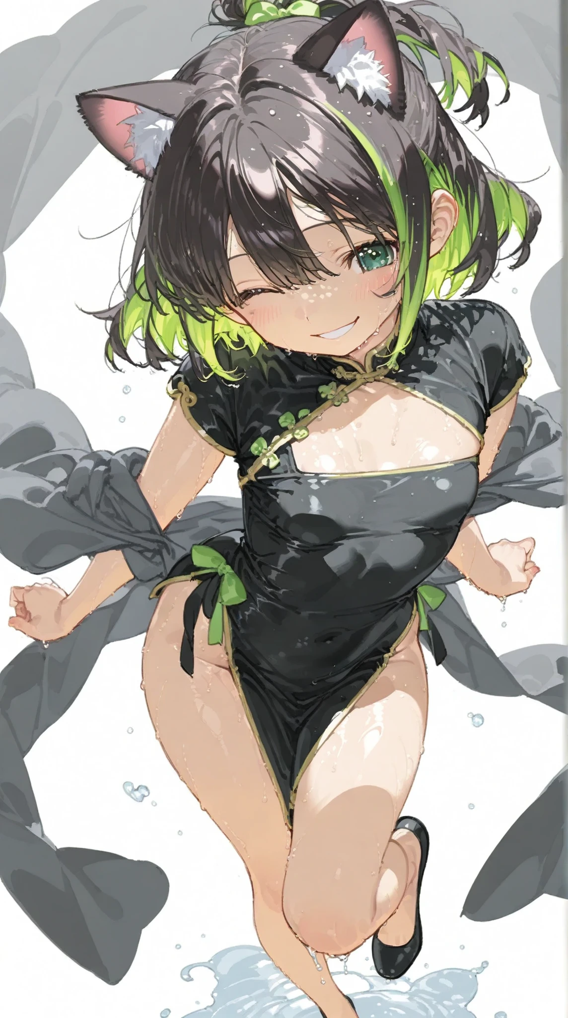 best quality, masterpiece, flat color, cel shading, solid outline, 1 girl, smile, one eye closed, ultra detailed face, contrapposto, brown bob cut hair with bangs, wet skin, (fluorescent lime green color bikini layered transparent raincoat:1.3), hood down, (small breast:1.2), underboob, shopping street of tokyo, (heavy rain in midnight:1.3)