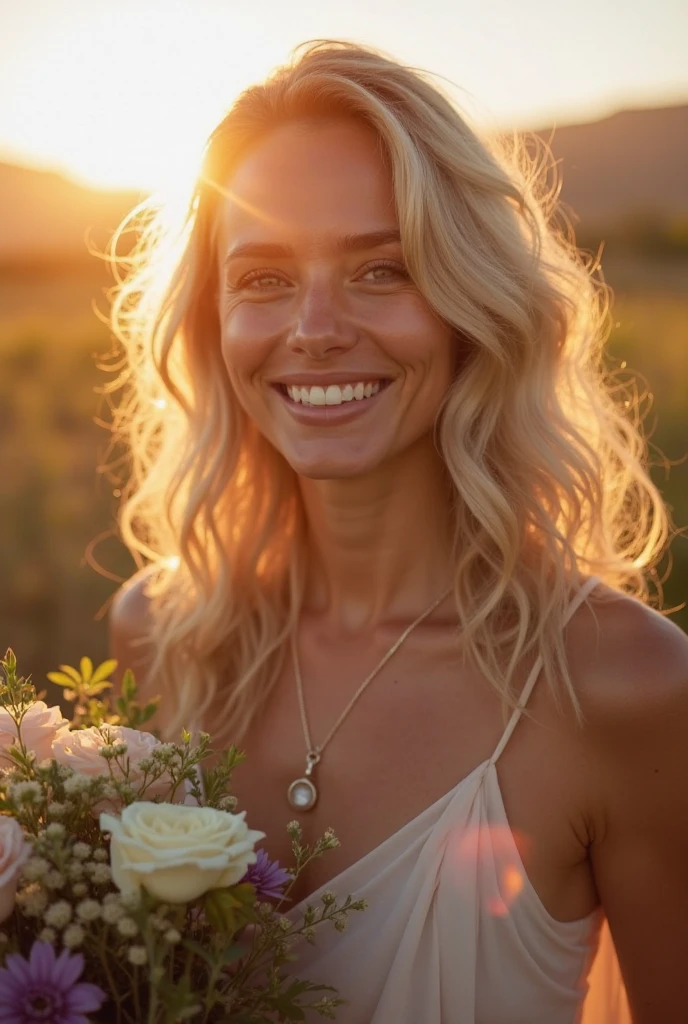 (from bottom:1.4), shot from the ground,
a beautiful European blonde woman, age 23, nice hair. she's a playboy magazine model. She has a subtle smile and flirts with the camera, (She holds a bouquet of flowers in her hand, that her husband just gave her. She is very happy and in love with her husband:1.3), (in the evening light:1.2), perfect eyes, perfect hands, perfect body, perfect hair, perfect breast, Hair behind the ear, blurry foreground, uhd, retina, masterpiece, Exactly, anatomically correct, textured skin, Super Detail, High details, good quality, Award-winning, best quality, highres, 16K, 8k