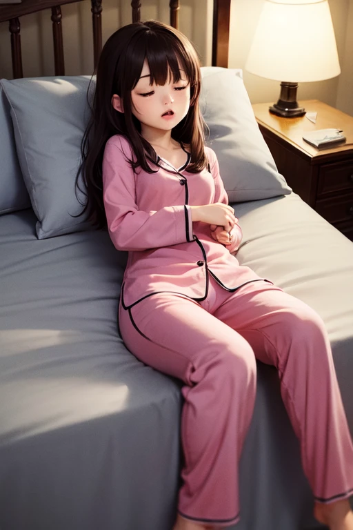 12year old、Children's body shape、a baby face、with round face、((flat chest)),squatting and spread legs、Female masturbation、s Pajamas、(troubled eyebrow:1.0), (Look here:1.4)、((Vibes))