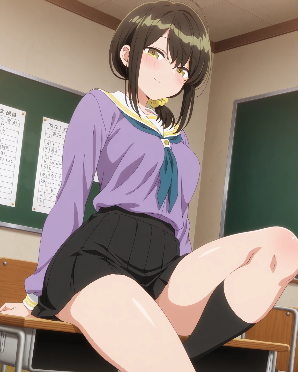 solo, 1girl, , hazuki katou,.,looking viewer ,grin,medium breasts,classroom,blazer,miniskirt,socks,sit on floor,open legs,spread legs,,peace pose,( panties),'