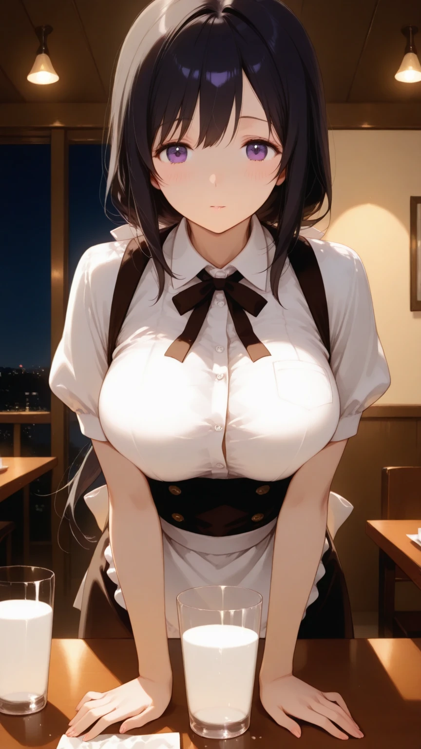 masterpiece, top-quality, the Extremely Detailed CG Unity 8K Wallpapers, Ultra-realistic 8kCG, perfect artwork, The perfect female figure, Dramatic shadows, (Perfect ligthing, Detailed light, (((1girl))), ((long black hair, twintail hair)), Model body type, large full breasts, ((cute face)), red eyes, (looking at viewer), (beautiful eyelashes), horny face, blushing, embarrased, Beautiful face, (beautiful chest line:1.2), (cleavage), beautiful a girl, Exquisite facial features depicting the perfect face, blushing, Naturally beautiful, Sweating, sexy, erotic, curvy body, Light and beautiful thigh expression, mcdonald worker woman, hat, apron, jeans shortpants, garter belts, stockings, sneakers, restaurant, detailed, realistic light and shadow, 8K resolution, (glistning skin:0.9), perfect hand, sitting, panty shot