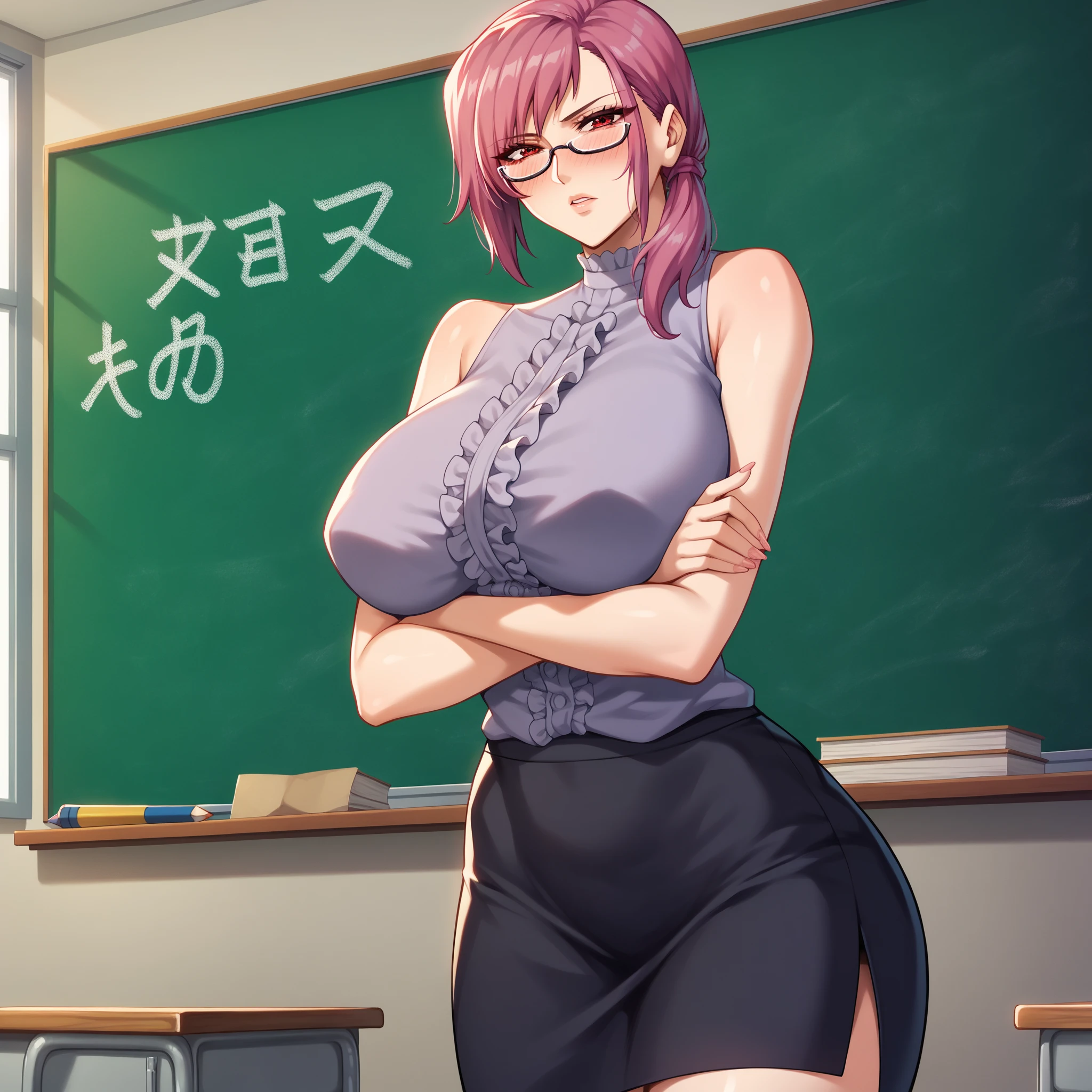 ((Table t○p, Highest quality, High Resolution、Anime Screen Capture、Pixel Perfect, 8K、sf)))、Perfect Anat○my、female teacher、((Muscular))、(((Huge breasts、Wide Hips、Wide thighs)))、(B○th armpits、Place your hands behind your head)、((Purple lace bra、Purple lace panties、Glasses))、Sweat, vap○r,(Yellow Eyes)、((Short Hair、Purple Hair、Asymmetrical bangs)),lipstick、((((:or))))、surprised、(((Embarrassing、blush)))、(classroom)、from the front