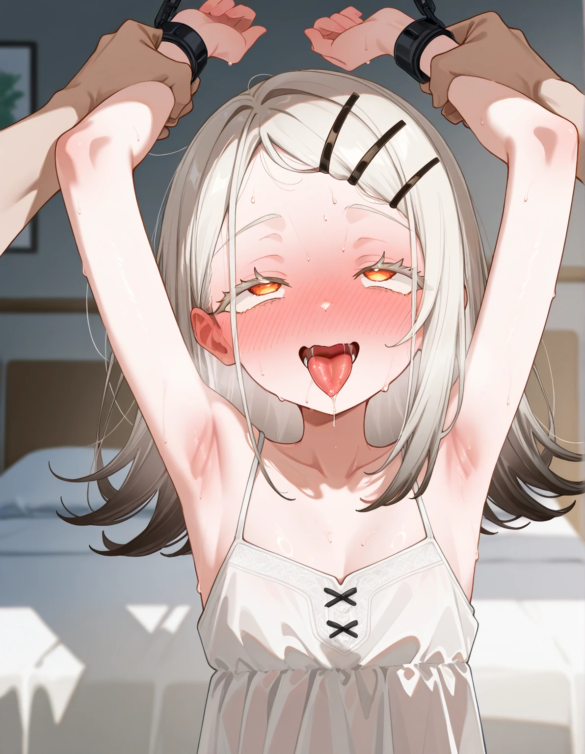 masterpiece, best quality,anime style, 1 girl,(((slender body))), (((small eyes,small breast))),(((gym uniform))),(((((3 monkey grabbing the girl))))),((((cum facial)))), (beautiful face), (((long hair))), (((straight hair))), ((((silver hair)))),detailed beautiful skin, (perfect hands, perfect anatomy)