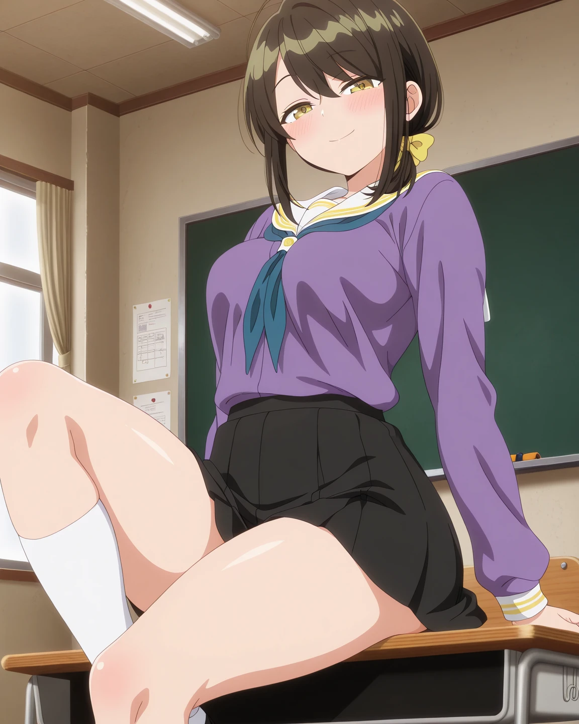 solo, 1girl, ,  hazuki katou,.,looking viewer ,grin,medium breasts,classroom,blazer,miniskirt,socks,sitting on chair,desk,(view from under desk,from below),open legs,spread legs,panties,