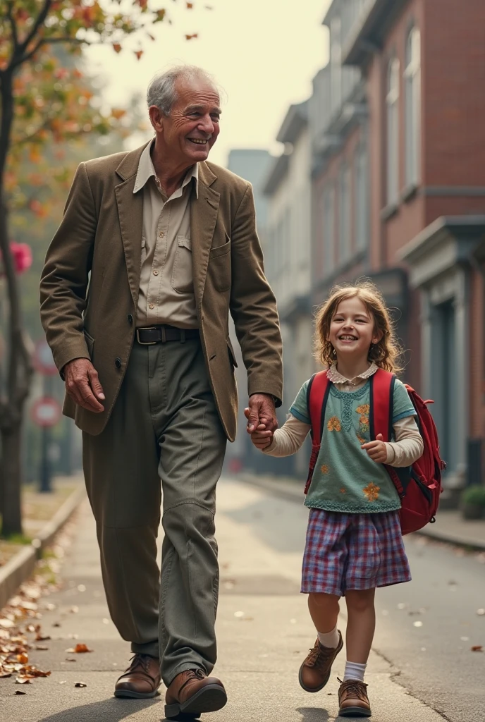 a photorealistic image of a pretty young blonde third grade student from Romania wearing a school uniform with a short skirt, standing next to her father