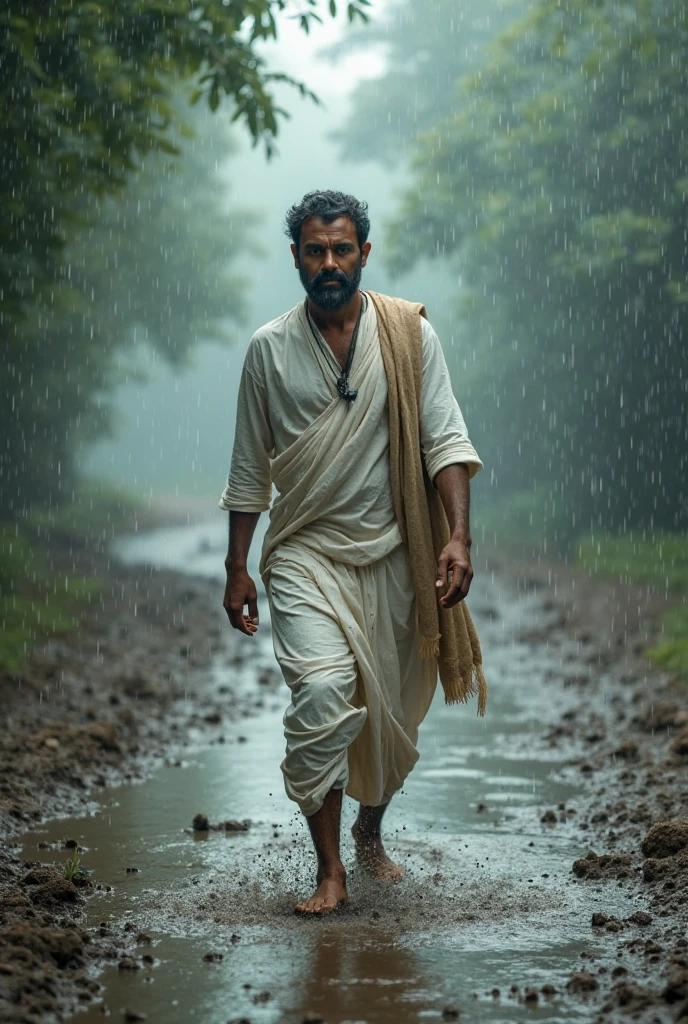 A indian  goung
 man sad  in rain on rod