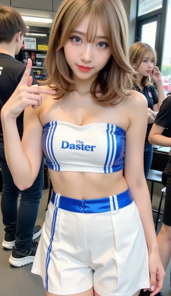 masterpiece、Award-winning works、Highest quality、Highest quality、Glowing Skin、(Big Breasts:1.2)、Nice body、Korean girl in cheerleader outfit、Side twin tail、Public toilets、Thigh to head