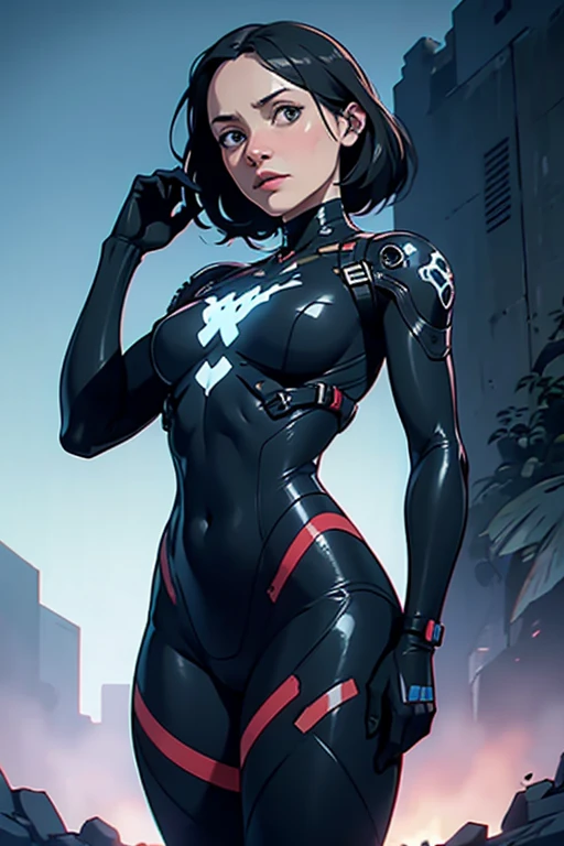 (art, Best quality, absurd, 4K, aesthetics, perfect eyes, perfect face, detailed, complex, Perfect lighting) 1 girl with fair skin, short shaved dark hair, wears a red and black futuristic bodysuit, queen of an alien race, warrior, gentle smile