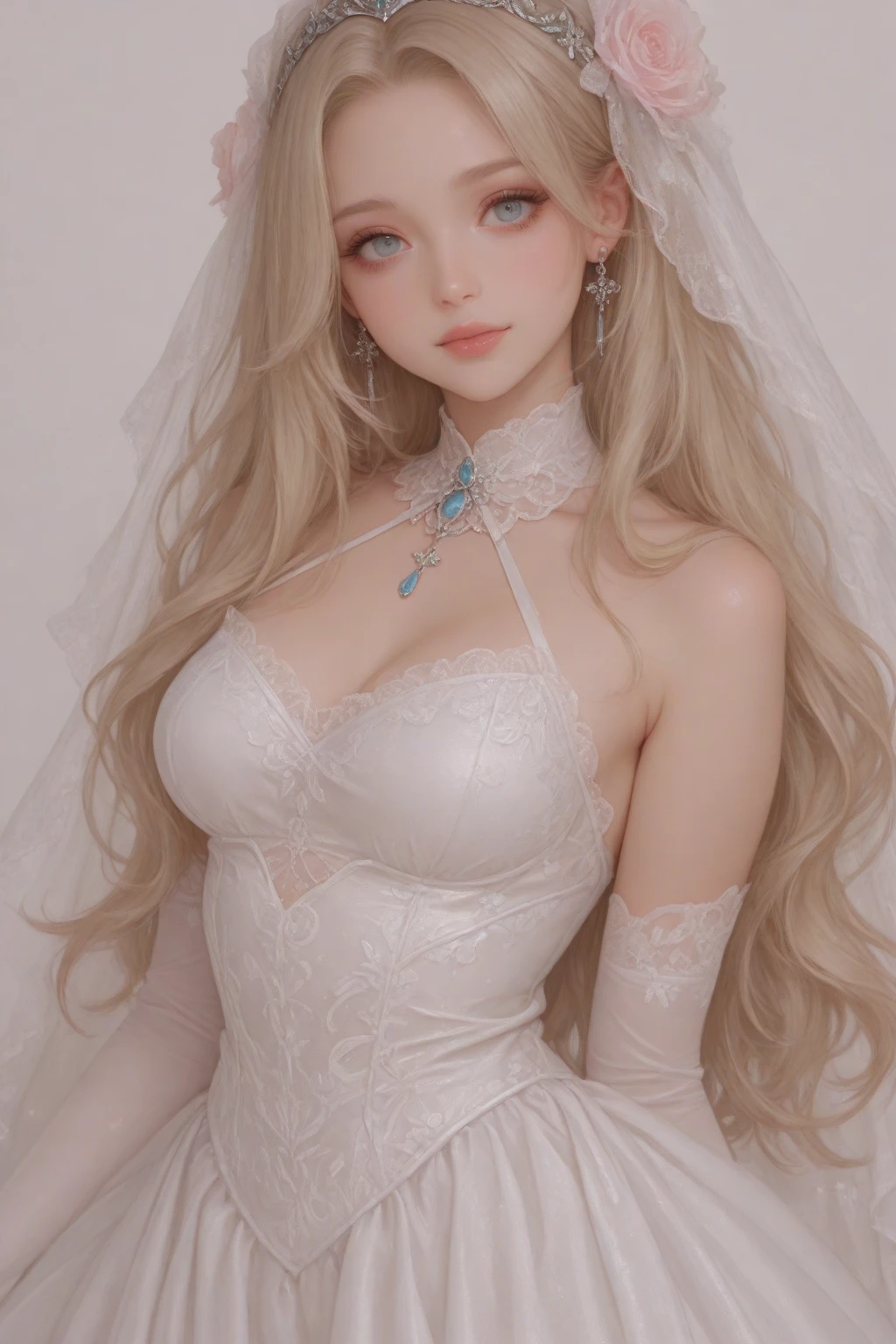 best quality masterpiece, ultra high resolution (1.4 realism): A captivating image of a 18-year-old girl with white long hair and exquisite facial features. Her face is adorned with delicate facial highlights, creating a pure and girly look. Her cheeks have a gentle flushing, adding to her youthful charm. Her eyes, with their starry gaze and long, lustrous eyelashes, are the focus of the image. Pure and innocent, her flawless complexion boasts milky white skin with clear features, revealing visible pores and high-detailed, realistic skin. Her body, which is perfectly proportioned (perfect body: 1.1),