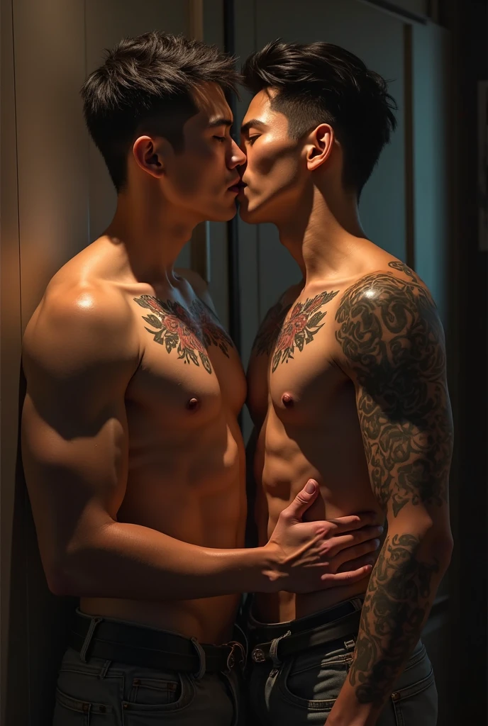 Two handsome boys kissing, smiling at each other,hugging, kissing, touching lips, cuddle, romantic, lift position, Chinese Men God, Mythology, realistic, Chinese odyssy, super Handsome,manly, kpop idol, handsome korean actor, 20 years old,, detailed face, manly jawline, detailed mess curly styling hair, Topless, Muscles, big breast Athlete body, Full Frame,full body shoots, Sexy, realistic, human skin, tattoo breast, Professional studio Lighting, long red dong huang Outfit, jade and golden pendent all over body, detailed jewery armor, Chinese ancient golden palace Background,out door, detailed background,look at camera , open mouth, sexy Underneathe Underwear, tibet Warrior, Hanfu God, tibet Male, tibet Nobel, Seduce, Sex Appeals , naked body, tattoo chest, tattoo arms, tattoo hands, tattoo back, tattoo legs ,super big cock, long big dick masturbate,detailed dick and ball, dick in correct shape, big juicy butts.